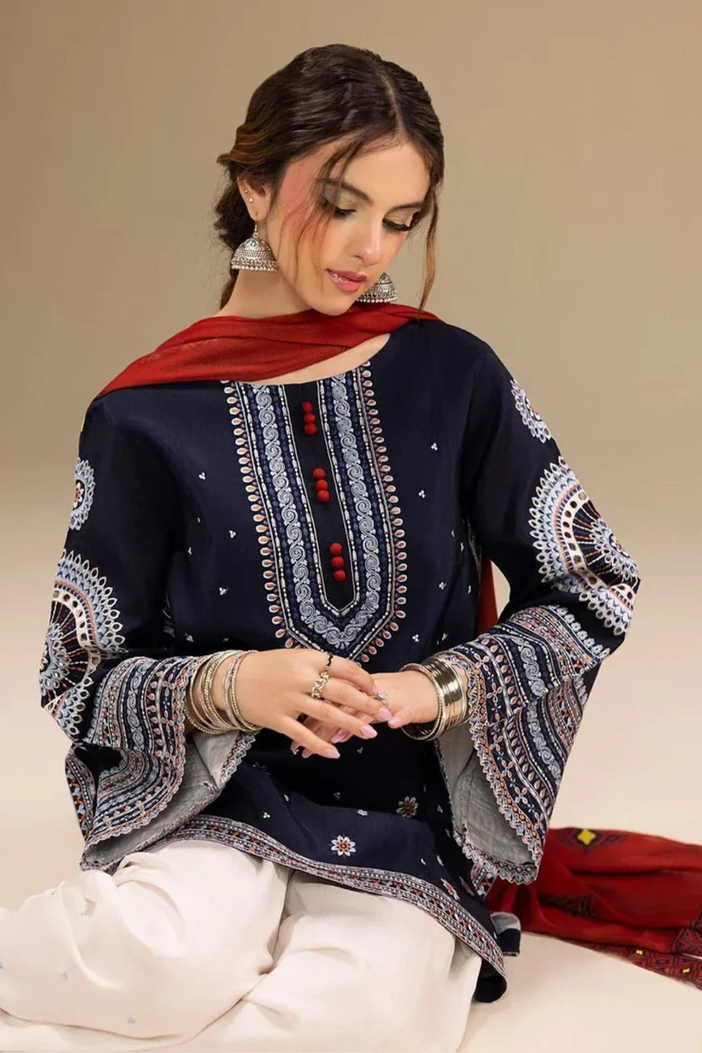 JAZMIN - 3PC LAWN EMB SHIRT WITH MONARK PRINTED DUPATTA AND DYED TROUSER - EL203