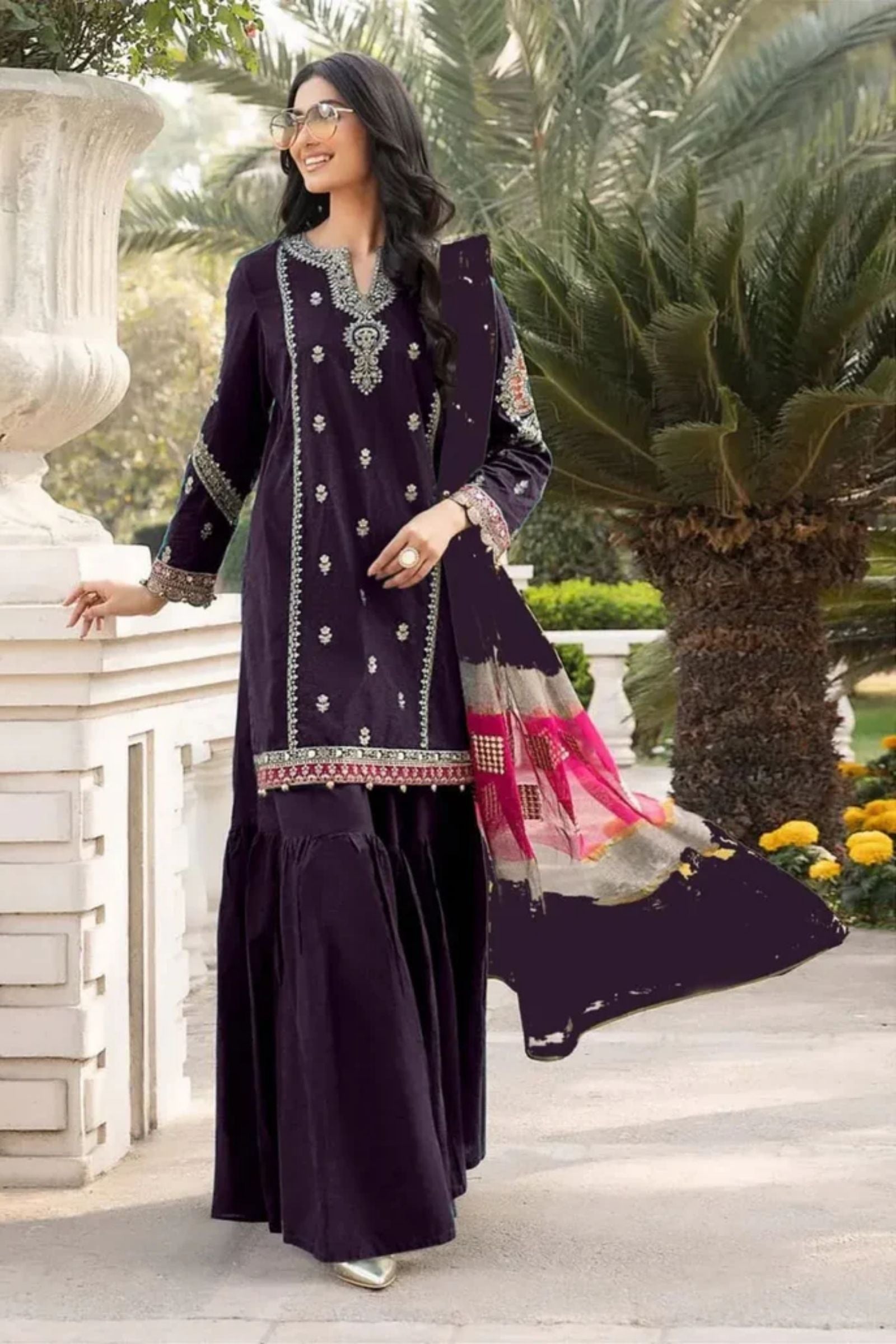 MARIA.B - 3PC LAWN EMB SHIRT WITH MONARK PRINTED DUPATTA AND DYED TROUSER - EL107