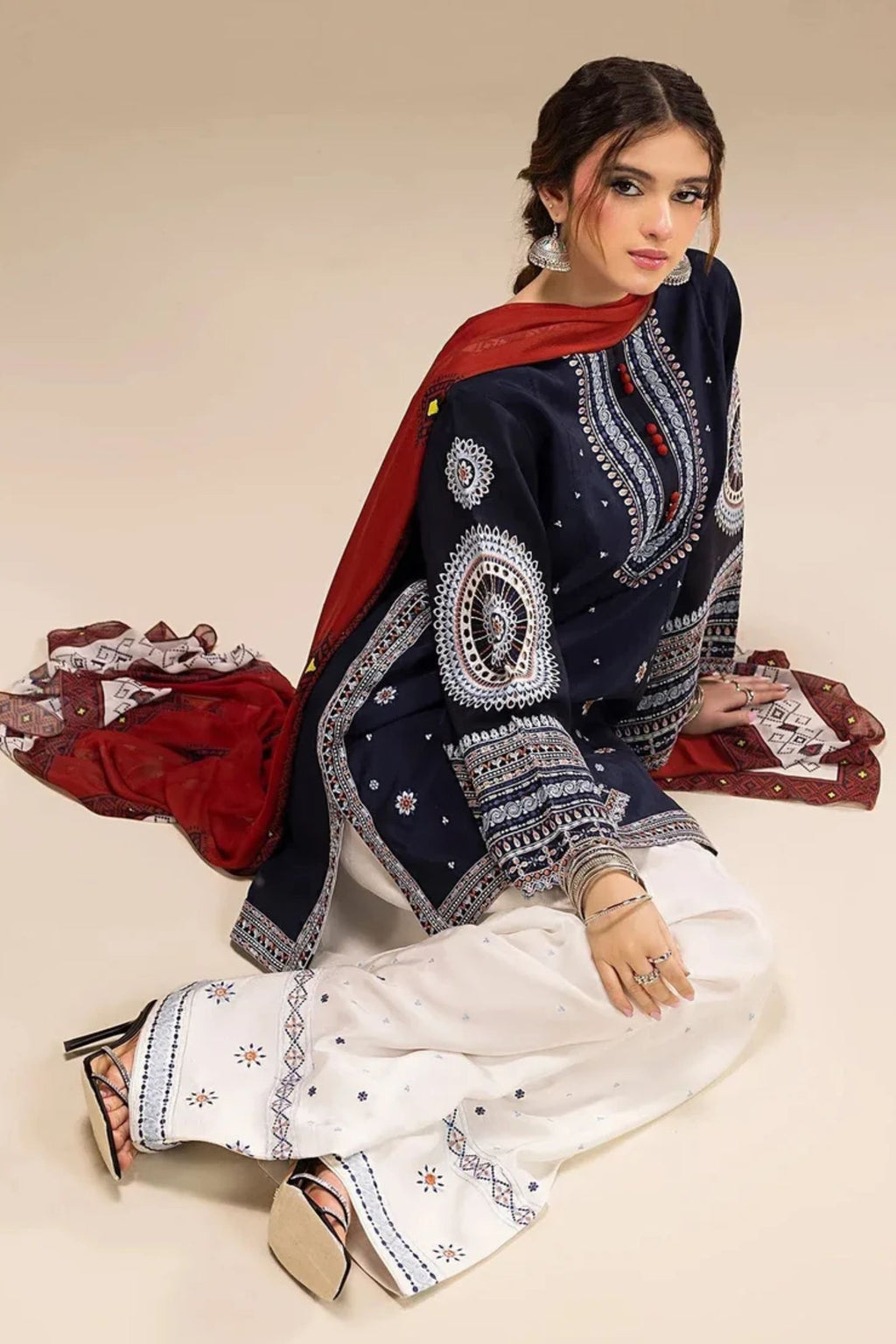 JAZMIN - 3PC LAWN EMB SHIRT WITH MONARK PRINTED DUPATTA AND DYED TROUSER - EL203