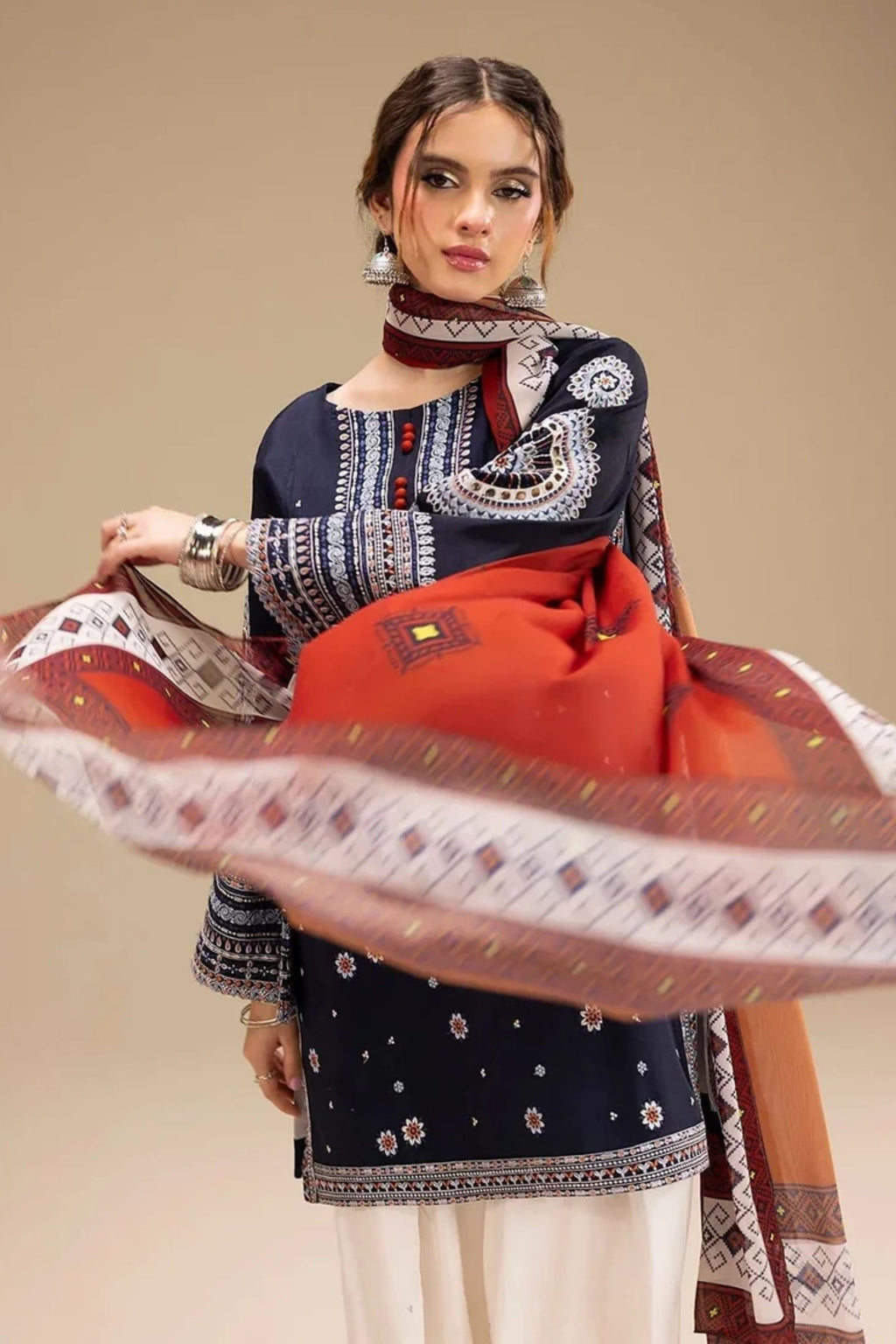 JAZMIN - 3PC LAWN EMB SHIRT WITH MONARK PRINTED DUPATTA AND DYED TROUSER - EL203