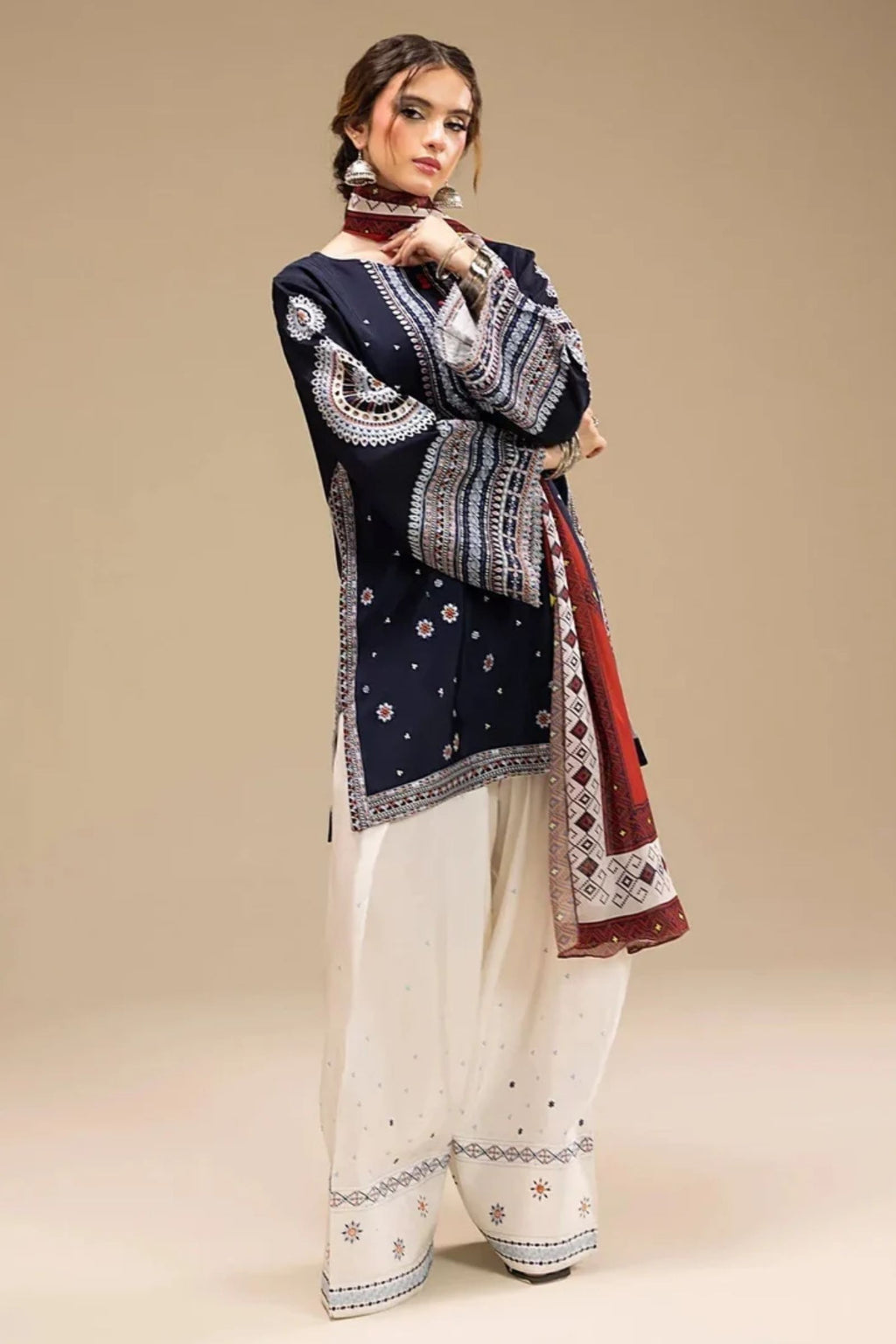 JAZMIN - 3PC LAWN EMB SHIRT WITH MONARK PRINTED DUPATTA AND DYED TROUSER - EL203