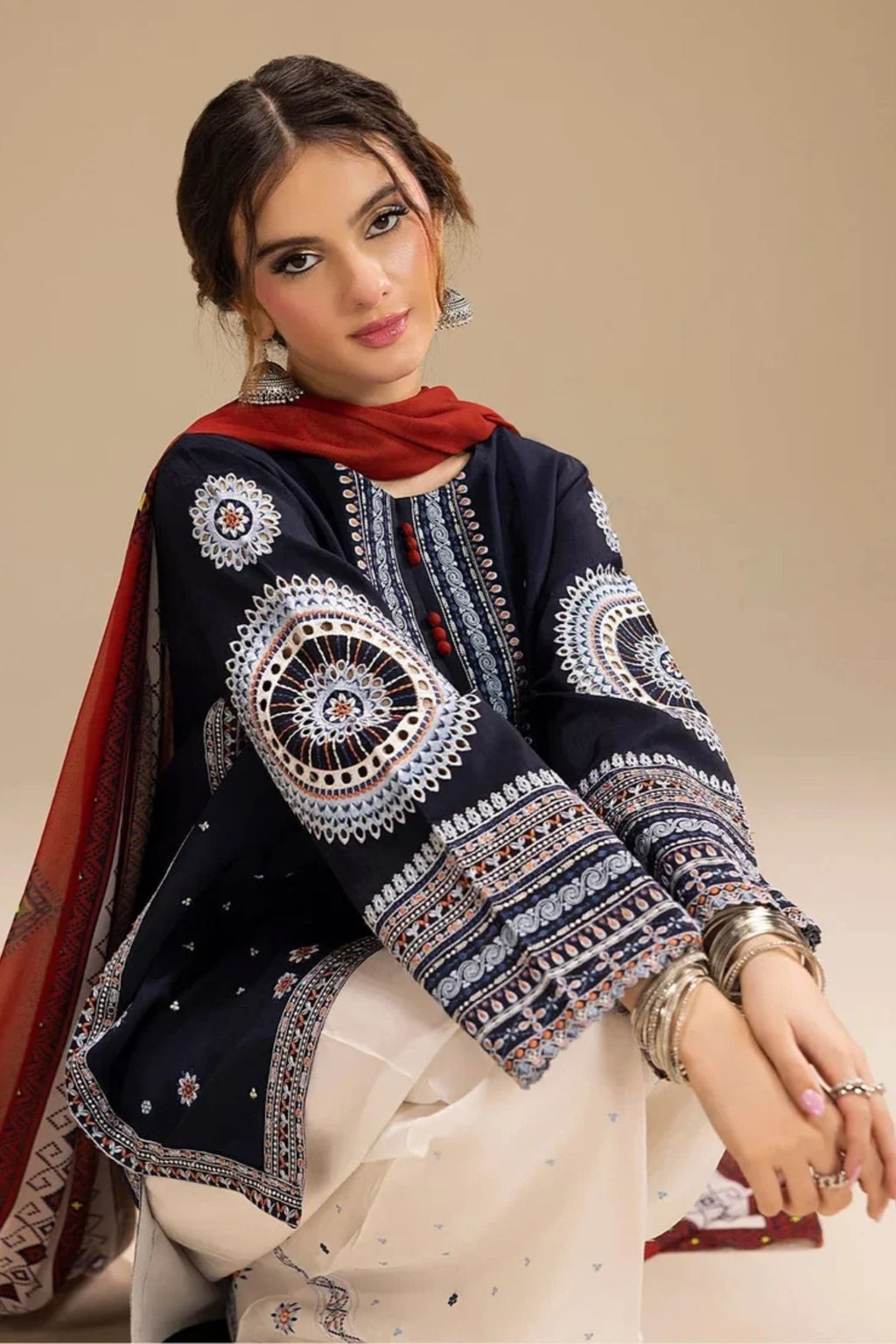 JAZMIN - 3PC LAWN EMB SHIRT WITH MONARK PRINTED DUPATTA AND DYED TROUSER - EL203