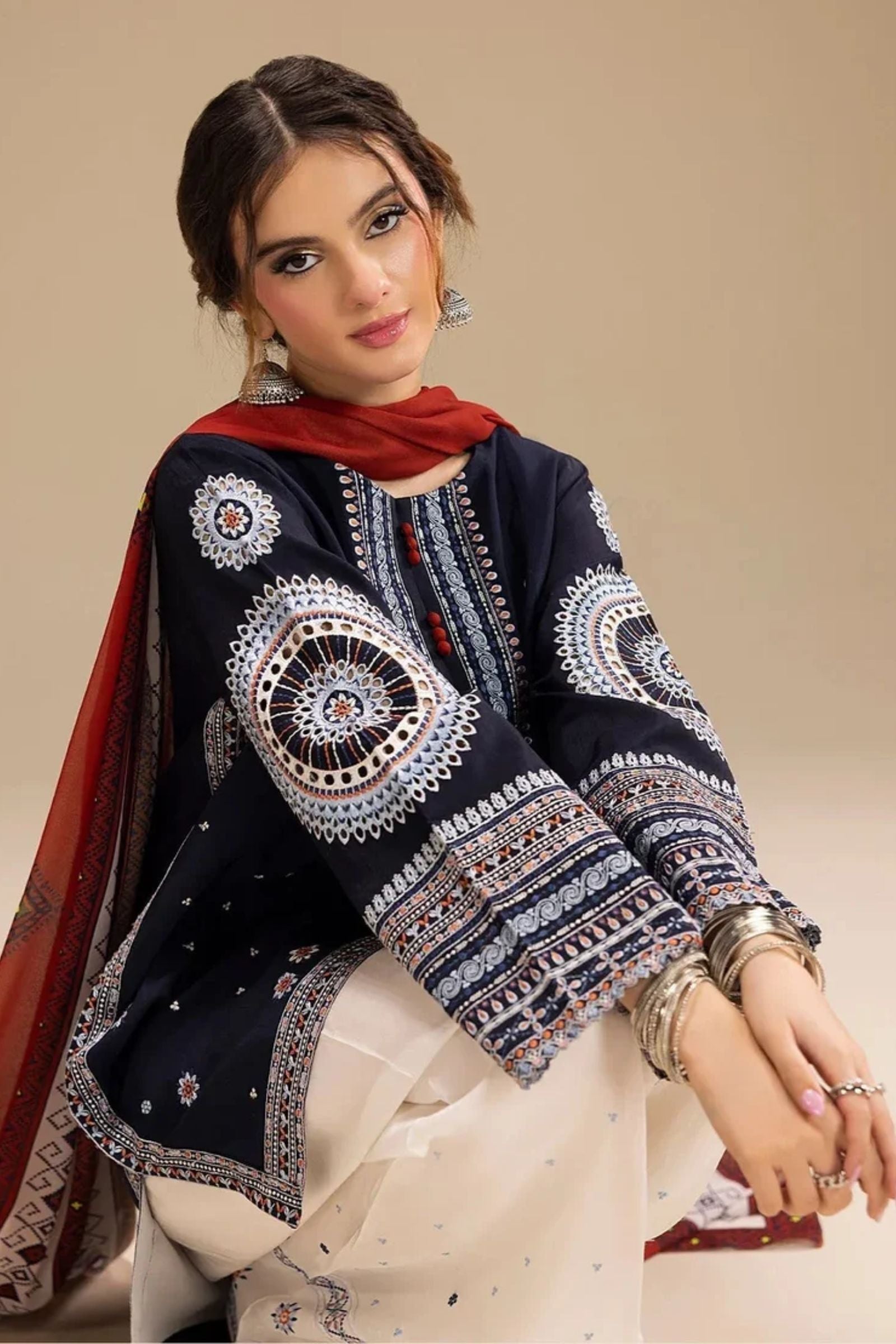 JAZMIN - 3PC LAWN EMB SHIRT WITH MONARK PRINTED DUPATTA AND DYED TROUSER - EL203