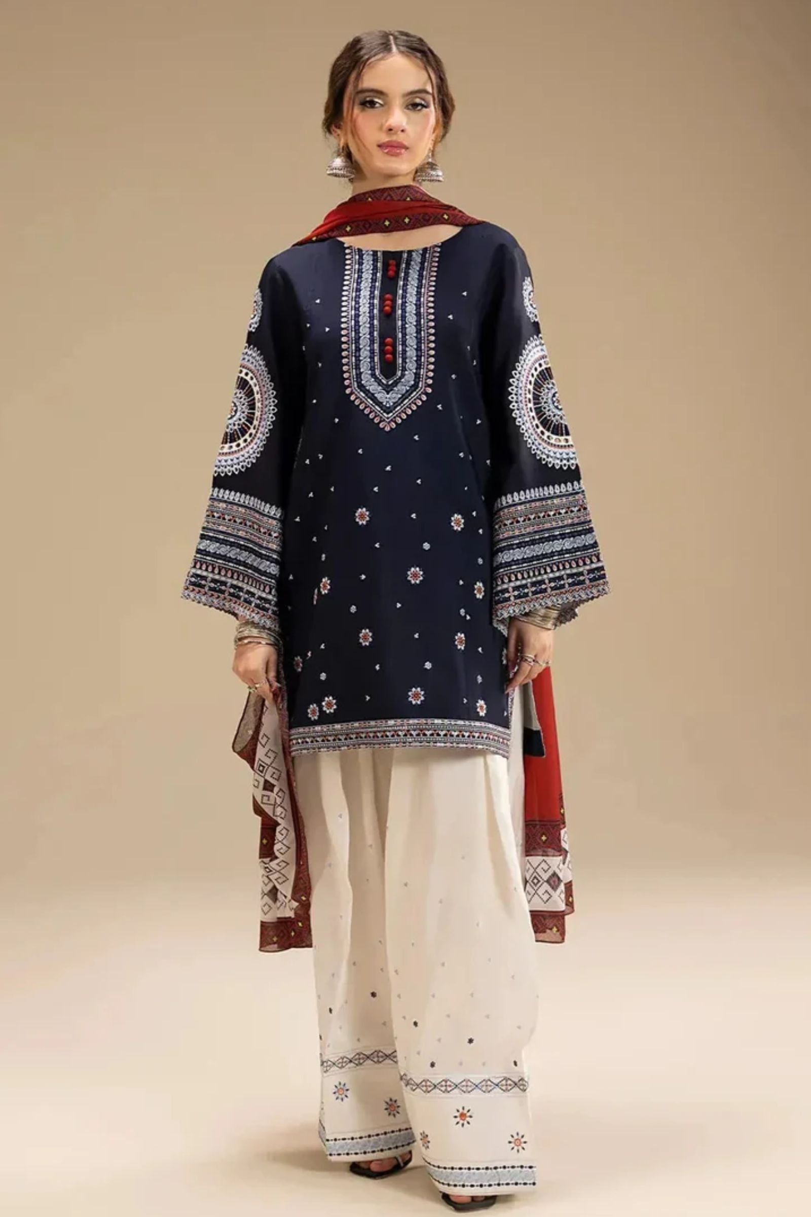 JAZMIN - 3PC LAWN EMB SHIRT WITH MONARK PRINTED DUPATTA AND DYED TROUSER - EL203