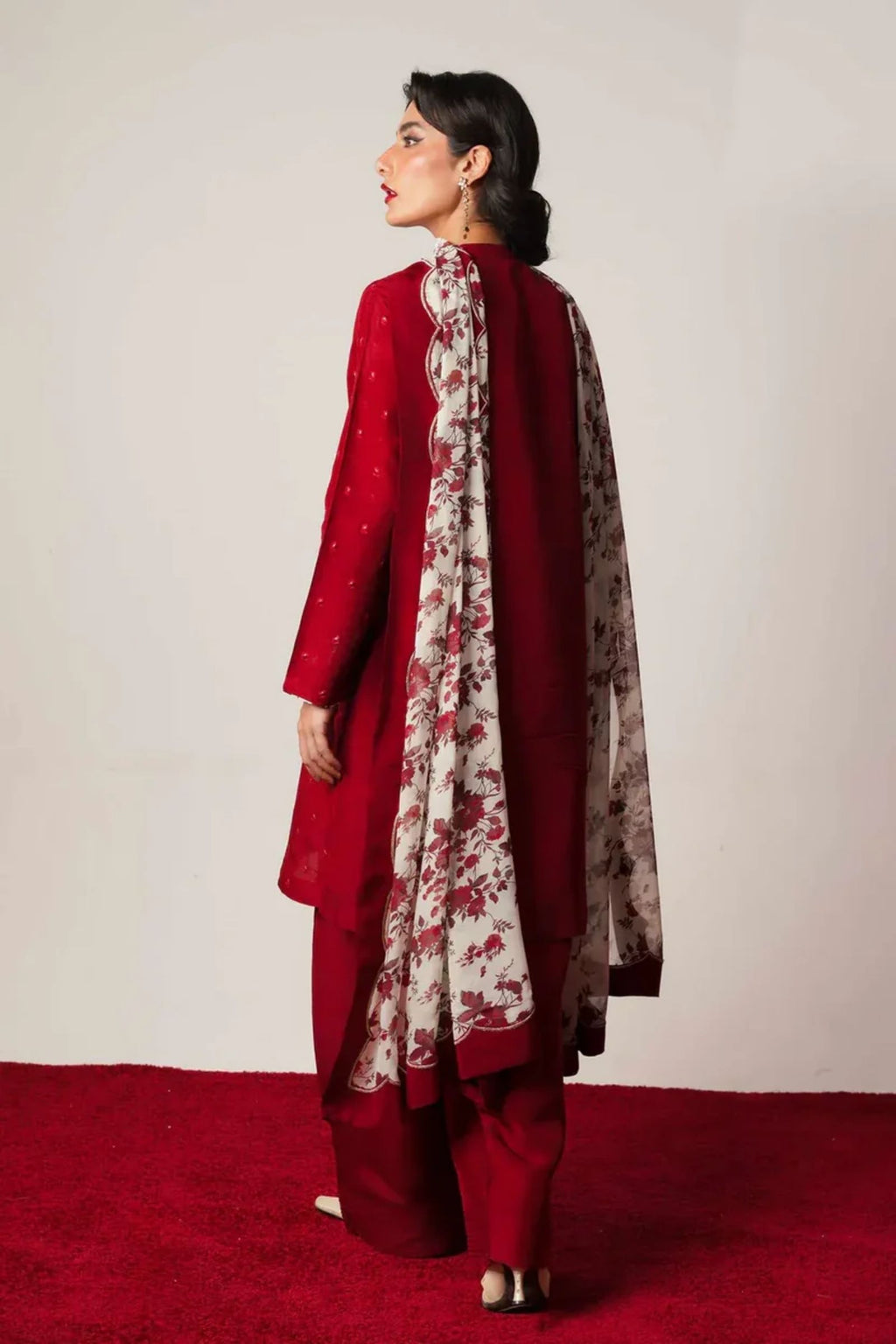 ZARA SHAHJAHAN- 3PC LAWN EMB SHIRT WITH MONARK PRINTED DUPATTA AND DYED TROUSER - EL148