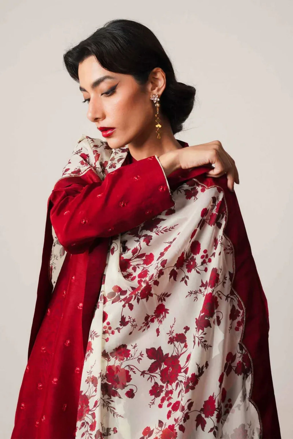 ZARA SHAHJAHAN- 3PC LAWN EMB SHIRT WITH MONARK PRINTED DUPATTA AND DYED TROUSER - EL148