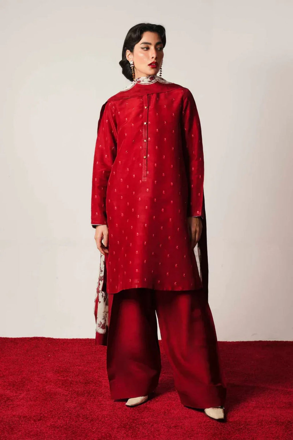 ZARA SHAHJAHAN- 3PC LAWN EMB SHIRT WITH MONARK PRINTED DUPATTA AND DYED TROUSER - EL148
