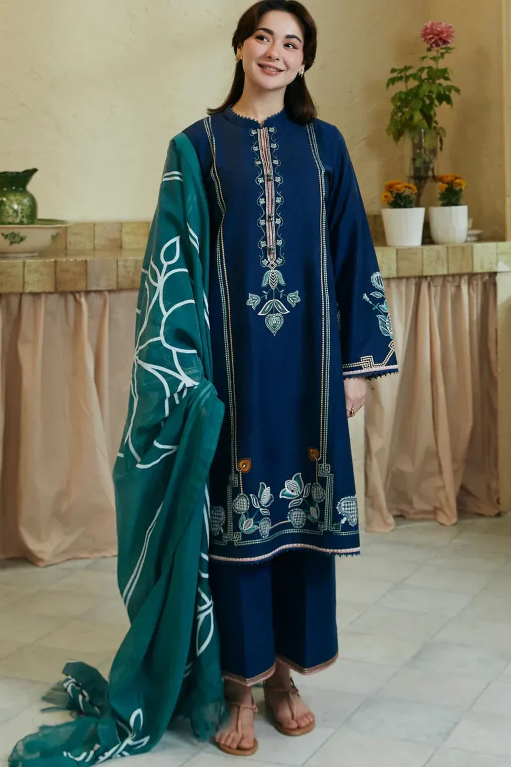 COCO- 3PC LAWN EMB SHIRT WITH MONARK PRINTED DUPATTA AND DYED TROUSER - EL189