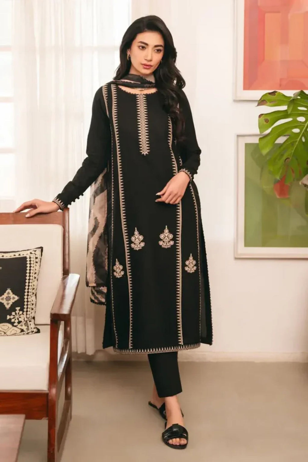 MAHAMIRA- 3PC LAWN EMB SHIRT WITH MONARK PRINTED DUPATTA AND DYED TROUSER - EL215