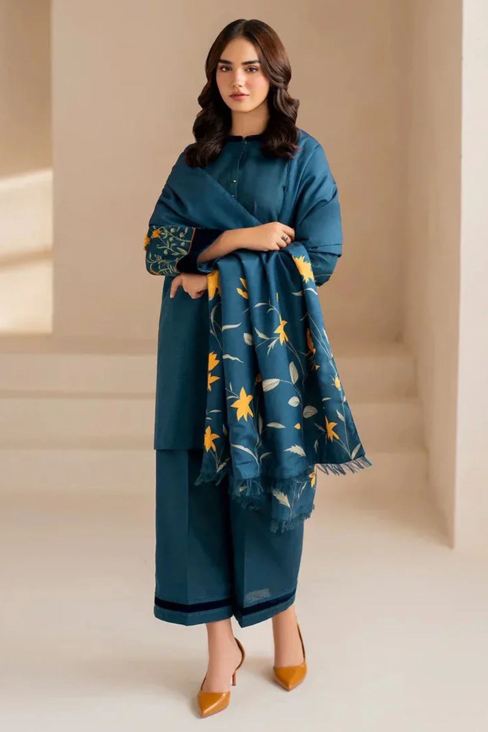 BAROQUE- 3PC LAWN EMBROIDERED SHIRT WITH LAWN DIGITAL PRINTED DUPATTA AND DYED TROUSER - EL110