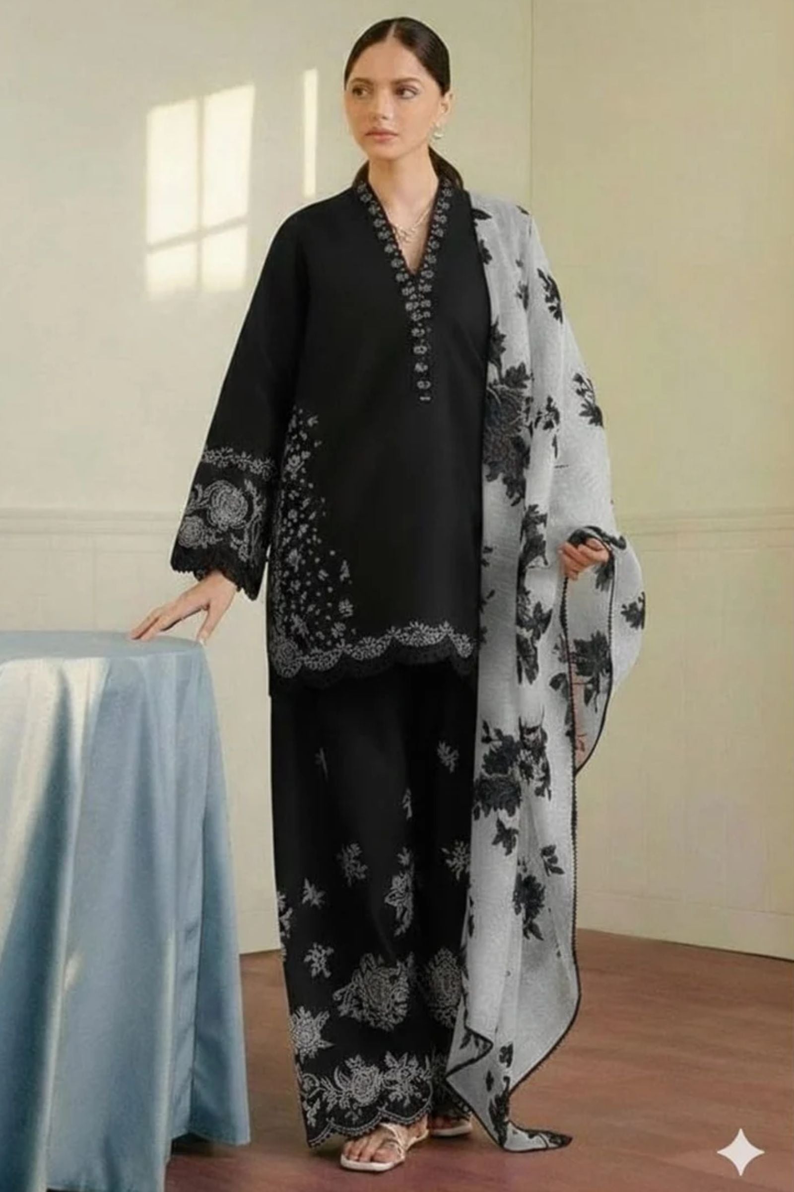 COCO - 3PC LAWN EMB SHIRT WITH MONARK PRINTED DUPATTA AND DYED TROUSER - EL310