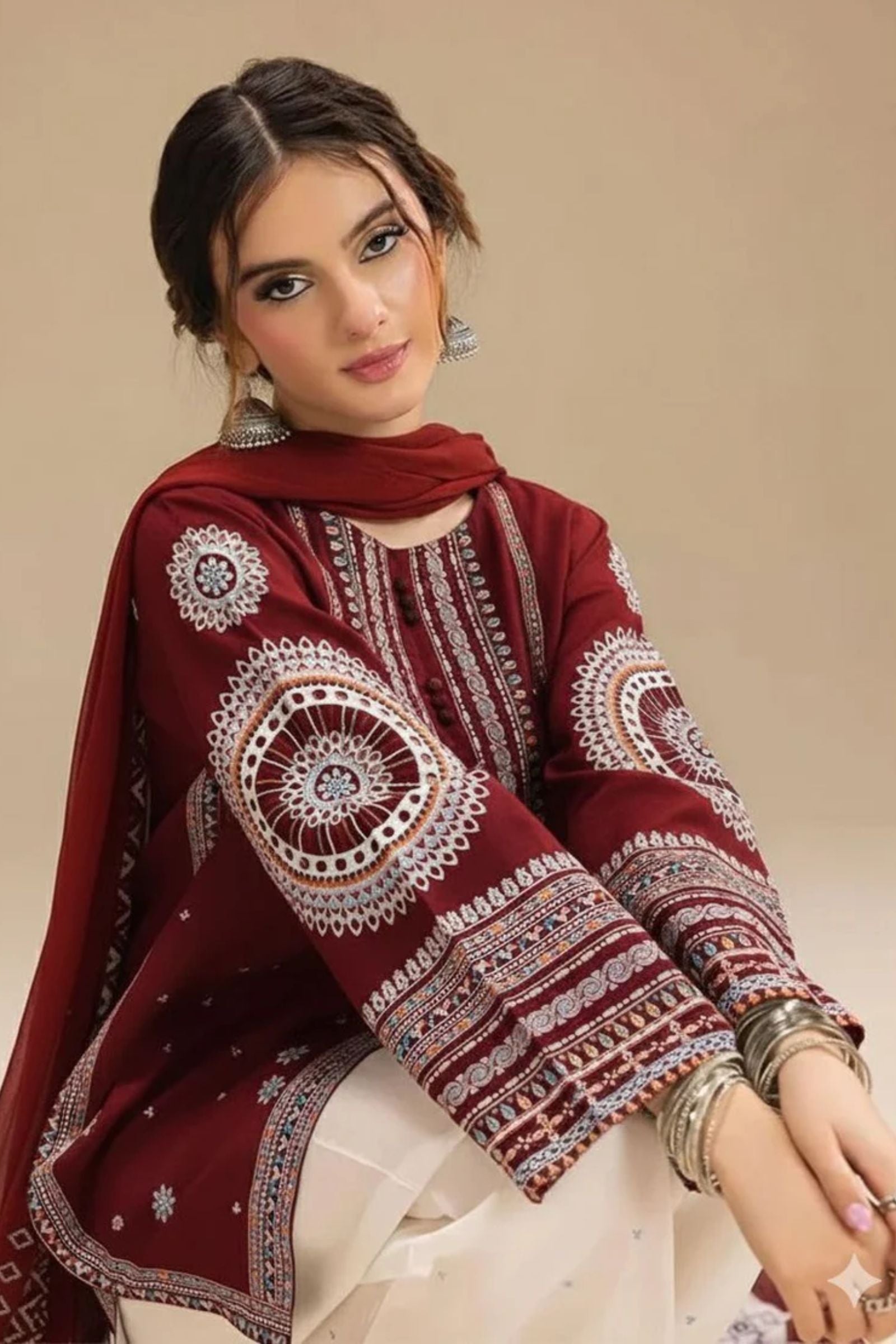 JAZMIN - 3PC LAWN EMB SHIRT WITH MONARK PRINTED DUPATTA AND DYED TROUSER - EL203