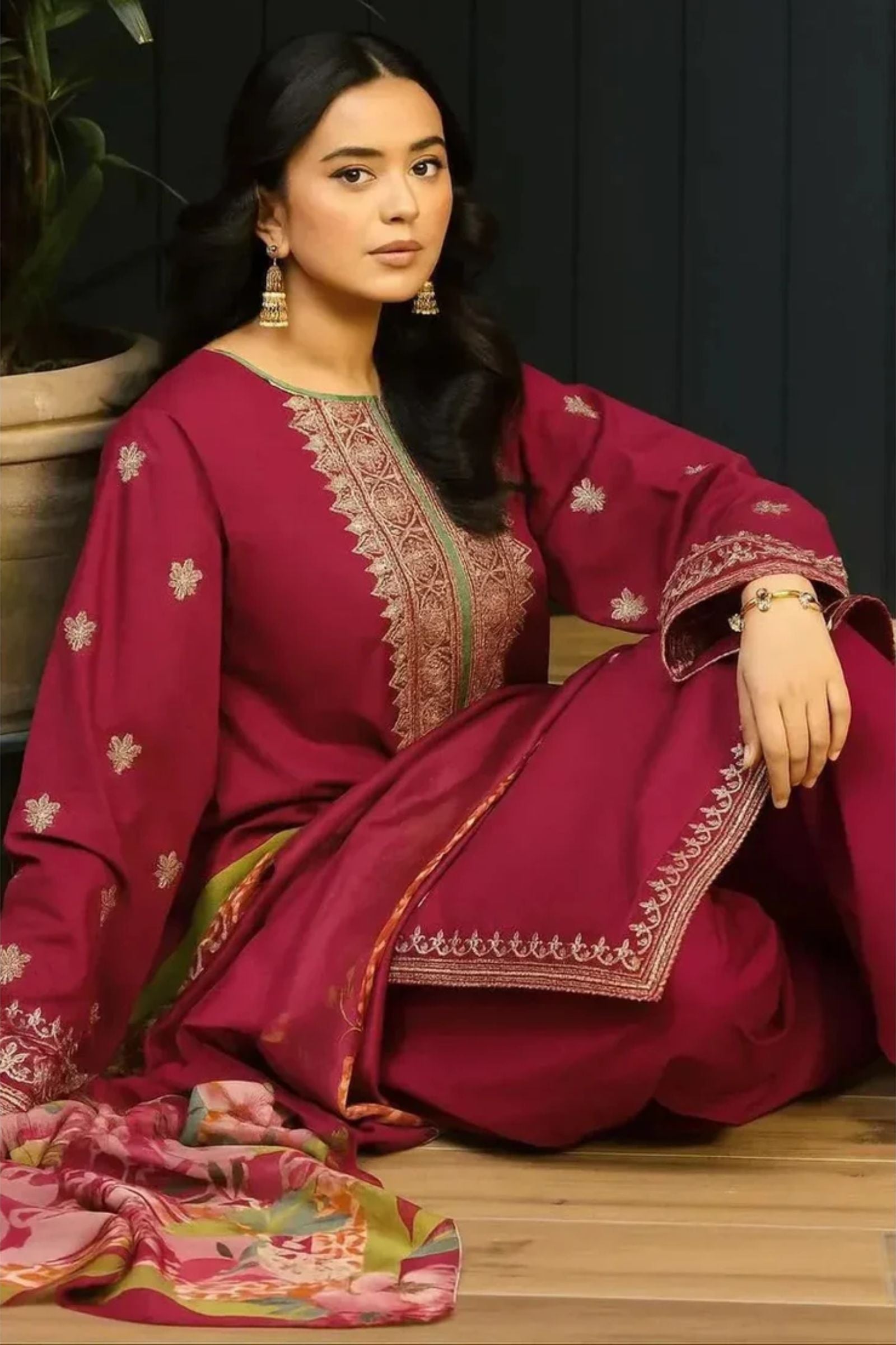 KOKUM - 3PC LAWN EMB SHIRT WITH MONARK PRINTED DUPATTA AND DYED TROUSER - EL181