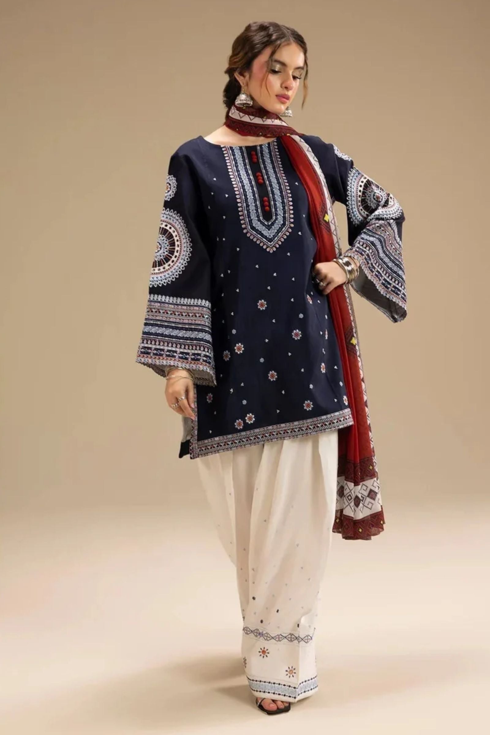 JAZMIN - 3PC LAWN EMB SHIRT WITH MONARK PRINTED DUPATTA AND DYED TROUSER - EL203