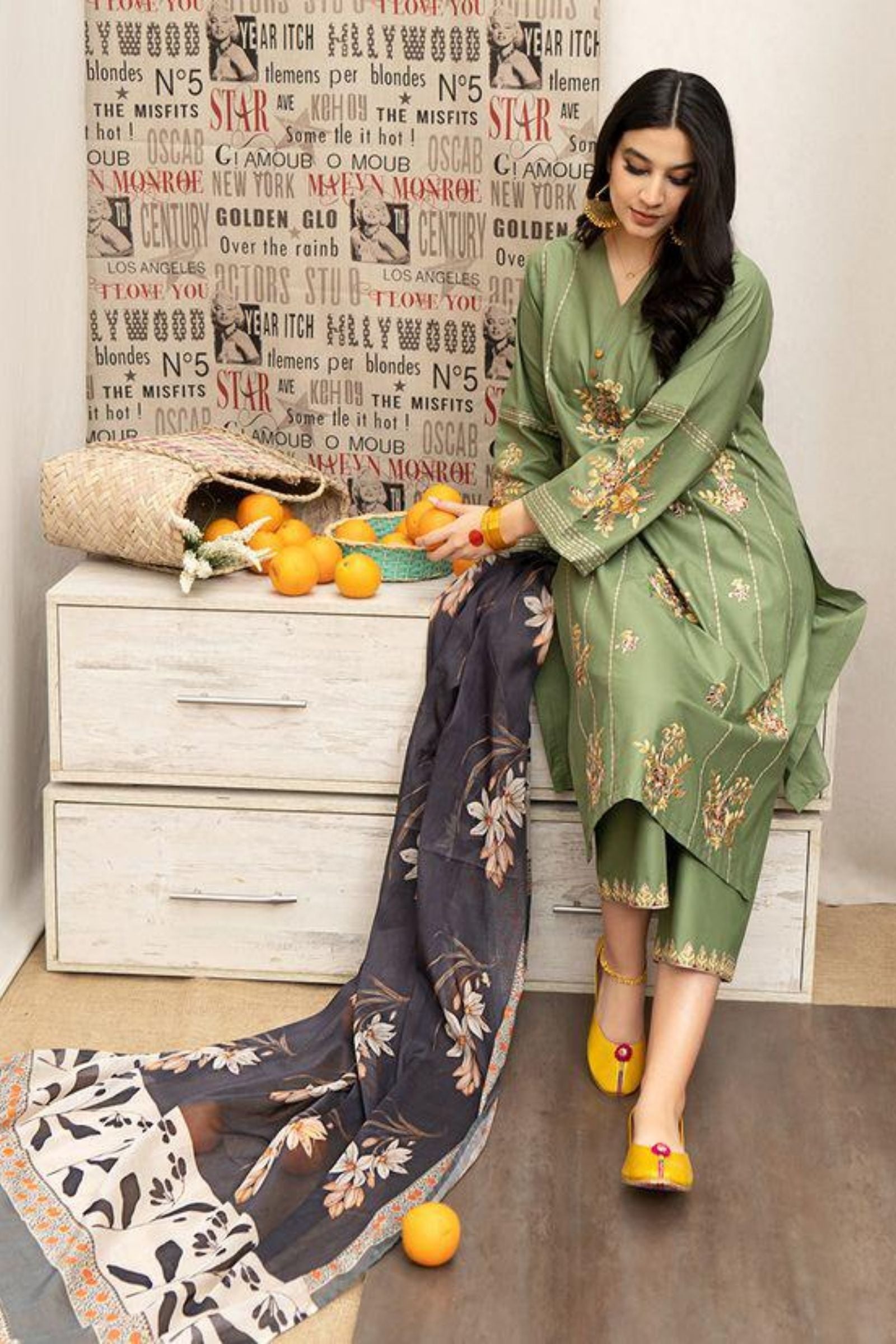 URGE - 3PC LAWN EMBROIDERED SHIRT WITH MONARK PRINTED DUPATTA AND DYED TROUSER - EL121