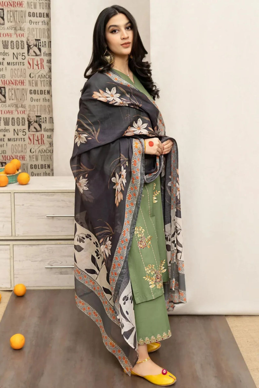 URGE - 3PC LAWN EMBROIDERED SHIRT WITH MONARK PRINTED DUPATTA AND DYED TROUSER - EL121