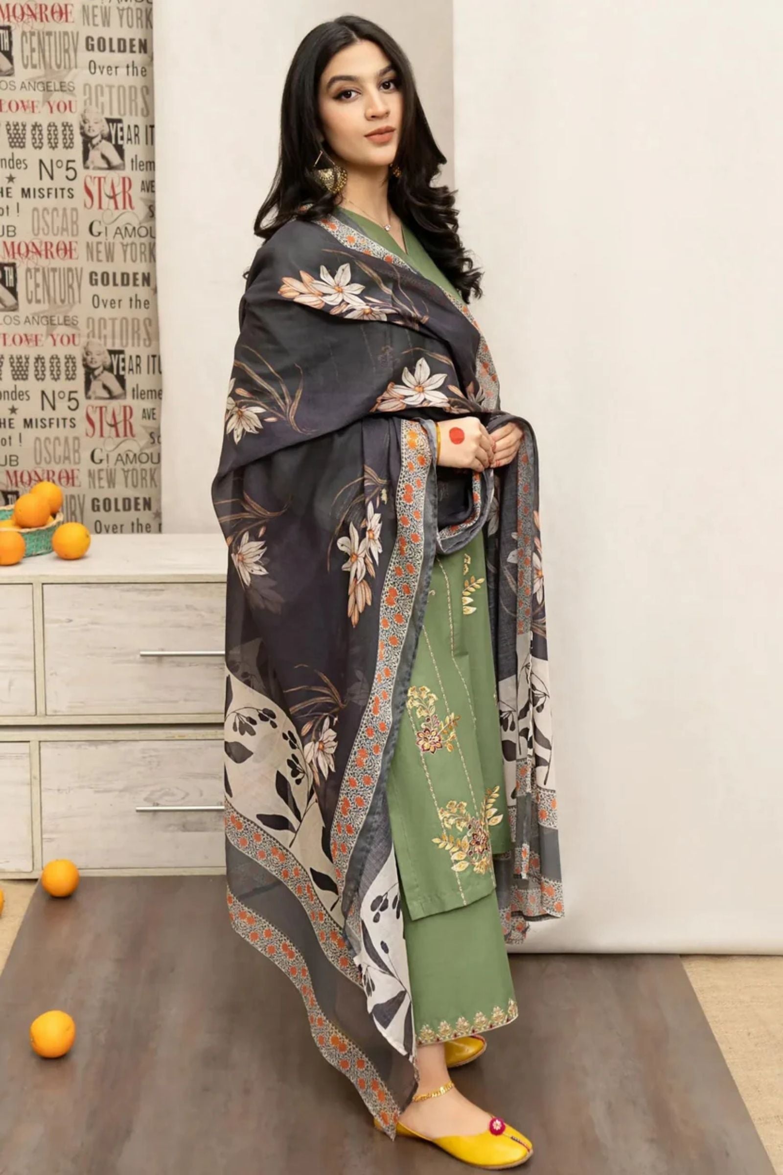 URGE - 3PC LAWN EMBROIDERED SHIRT WITH MONARK PRINTED DUPATTA AND DYED TROUSER - EL121