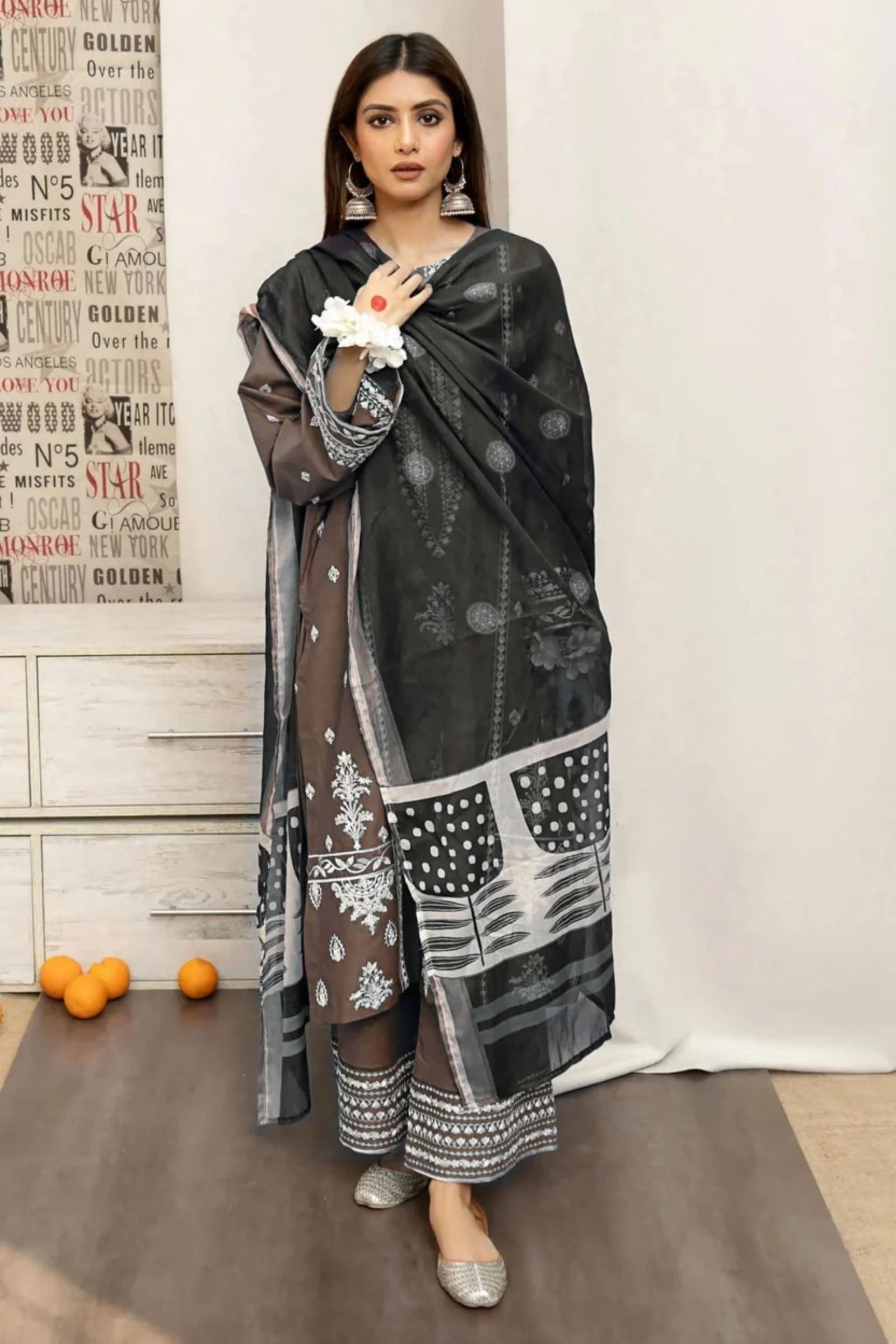 URGE - 3PC LAWN EMBROIDERED SHIRT WITH MONARK PRINTED DUPATTA AND DYED TROUSER - EL120 BR