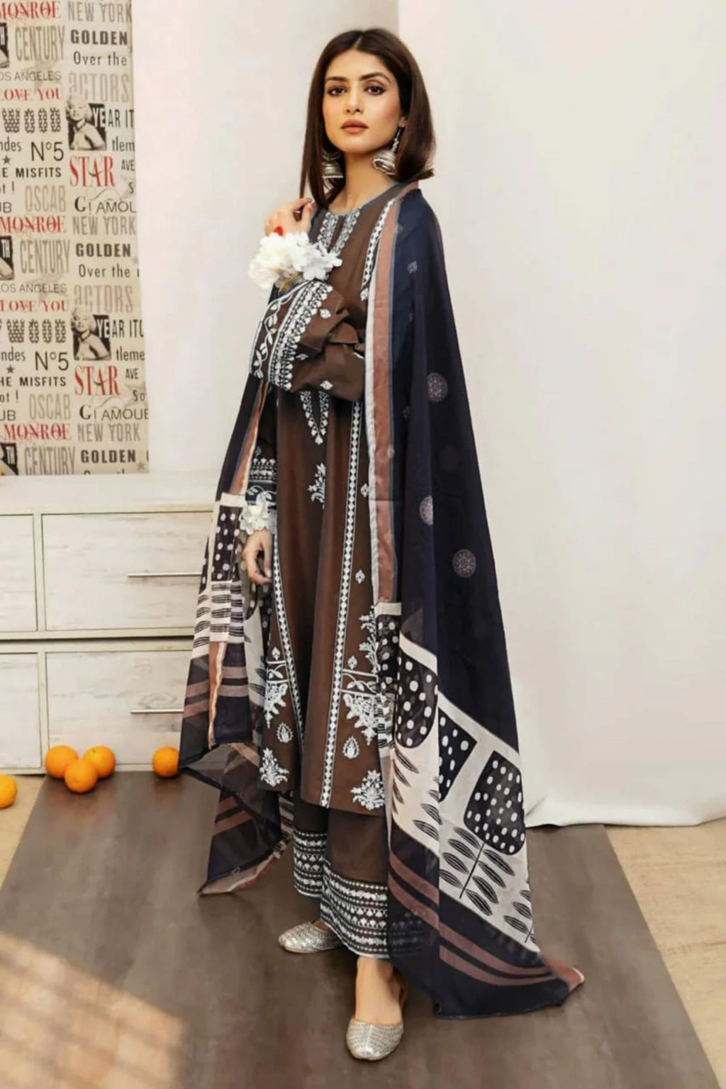 URGE - 3PC LAWN EMBROIDERED SHIRT WITH MONARK PRINTED DUPATTA AND DYED TROUSER - EL120 BR
