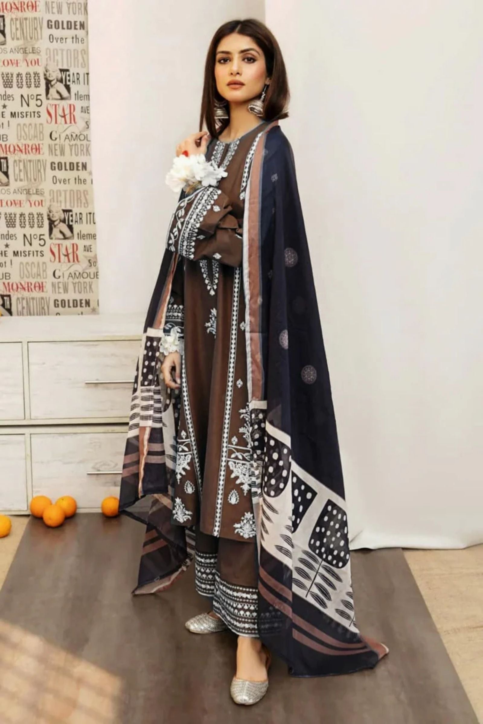 URGE - 3PC LAWN EMBROIDERED SHIRT WITH MONARK PRINTED DUPATTA AND DYED TROUSER - EL120 BR