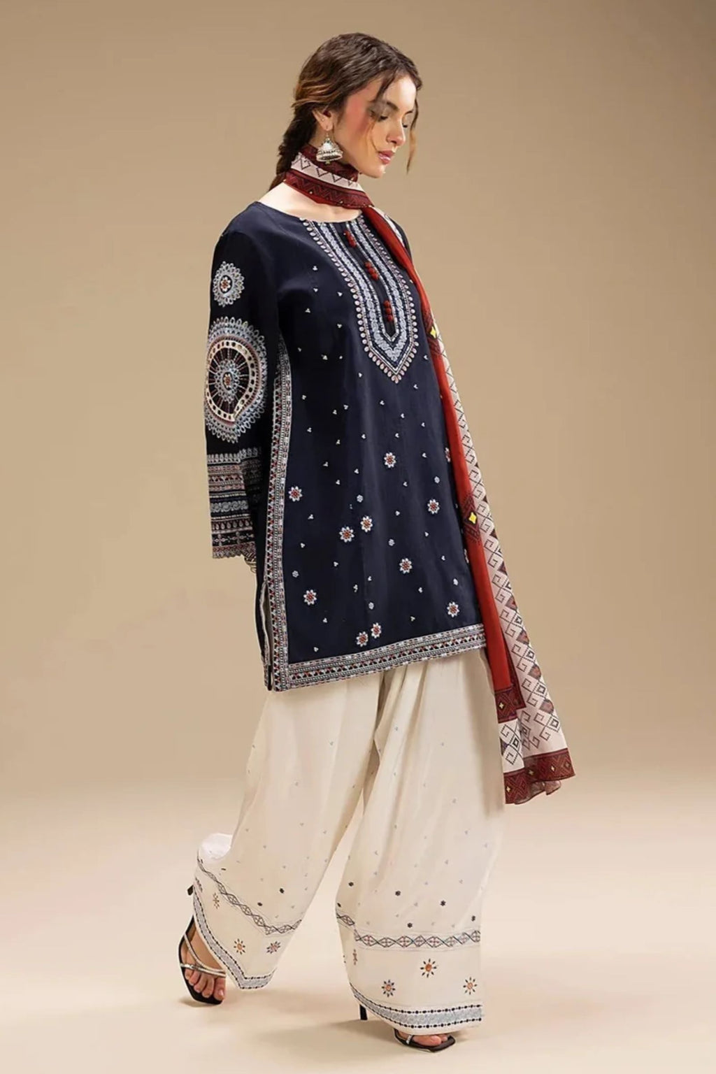 JAZMIN - 3PC LAWN EMB SHIRT WITH MONARK PRINTED DUPATTA AND DYED TROUSER - EL203