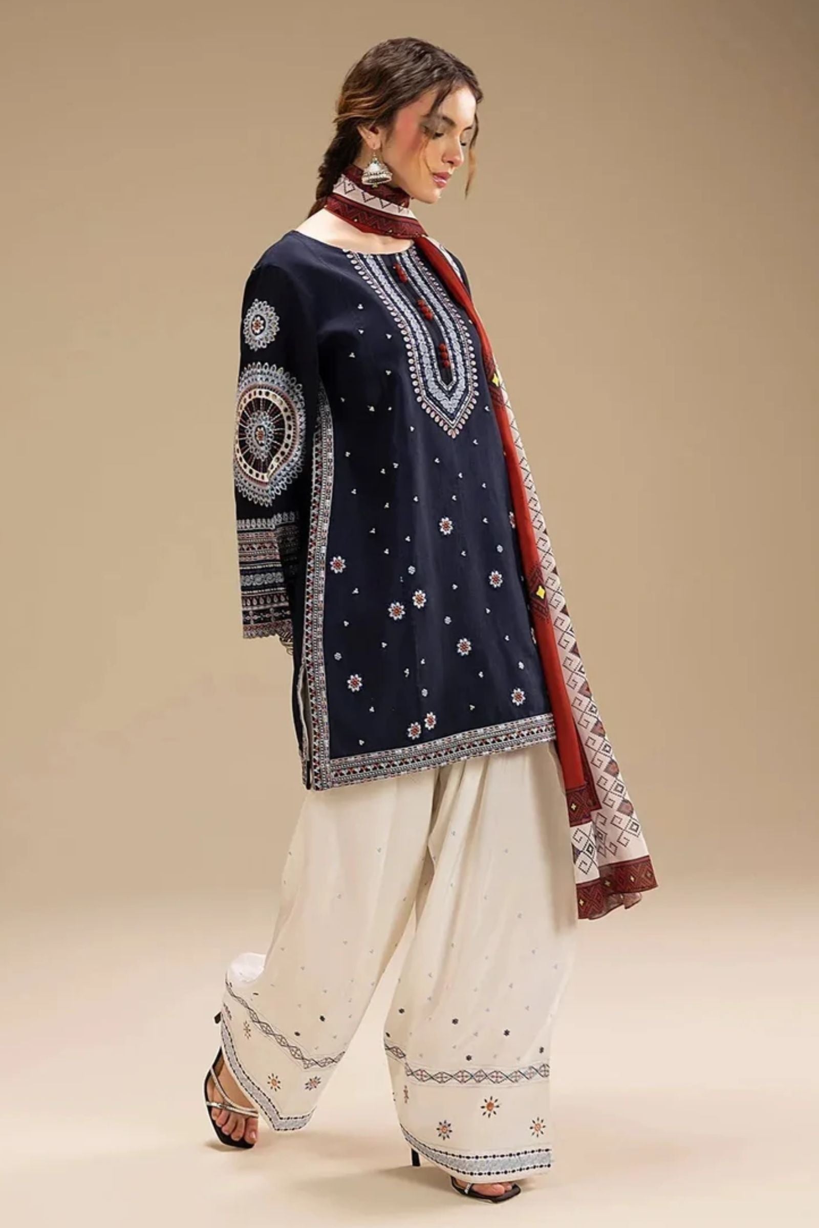 JAZMIN - 3PC LAWN EMB SHIRT WITH MONARK PRINTED DUPATTA AND DYED TROUSER - EL203