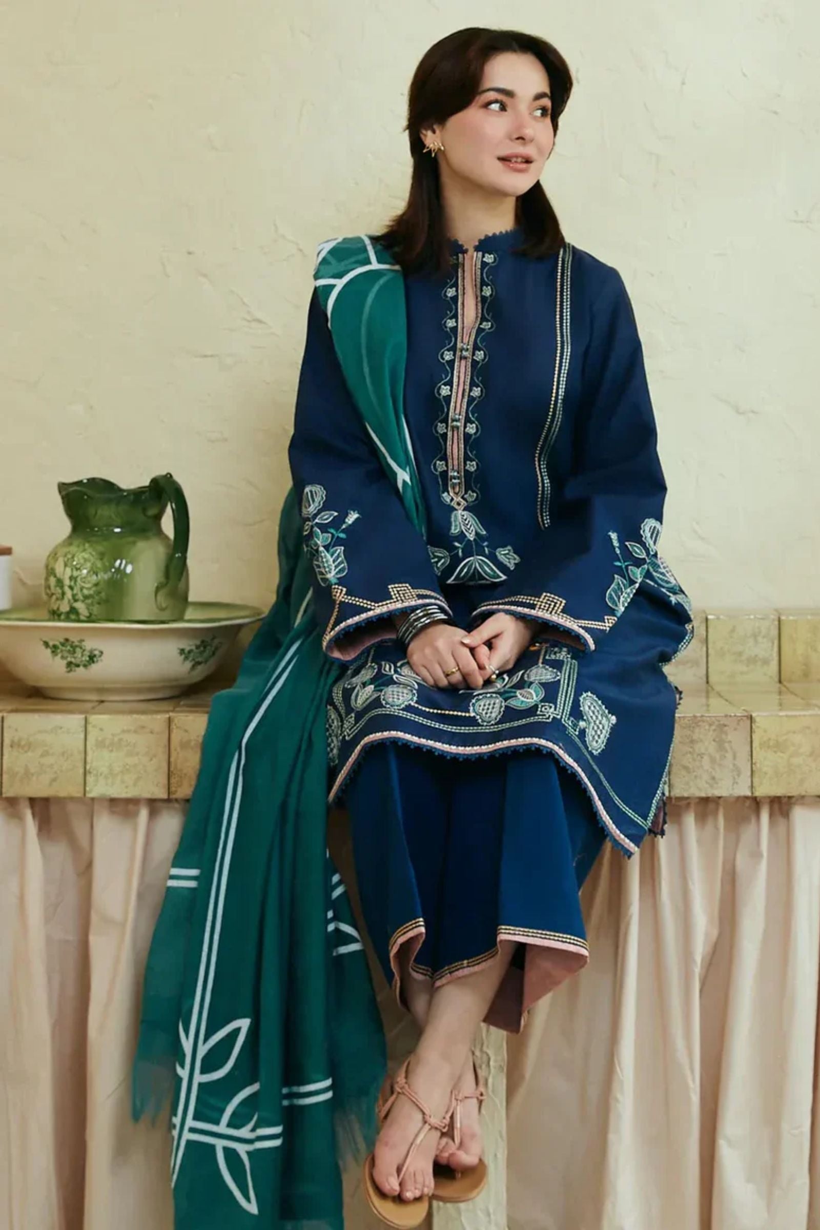 COCO- 3PC LAWN EMB SHIRT WITH MONARK PRINTED DUPATTA AND DYED TROUSER - EL189