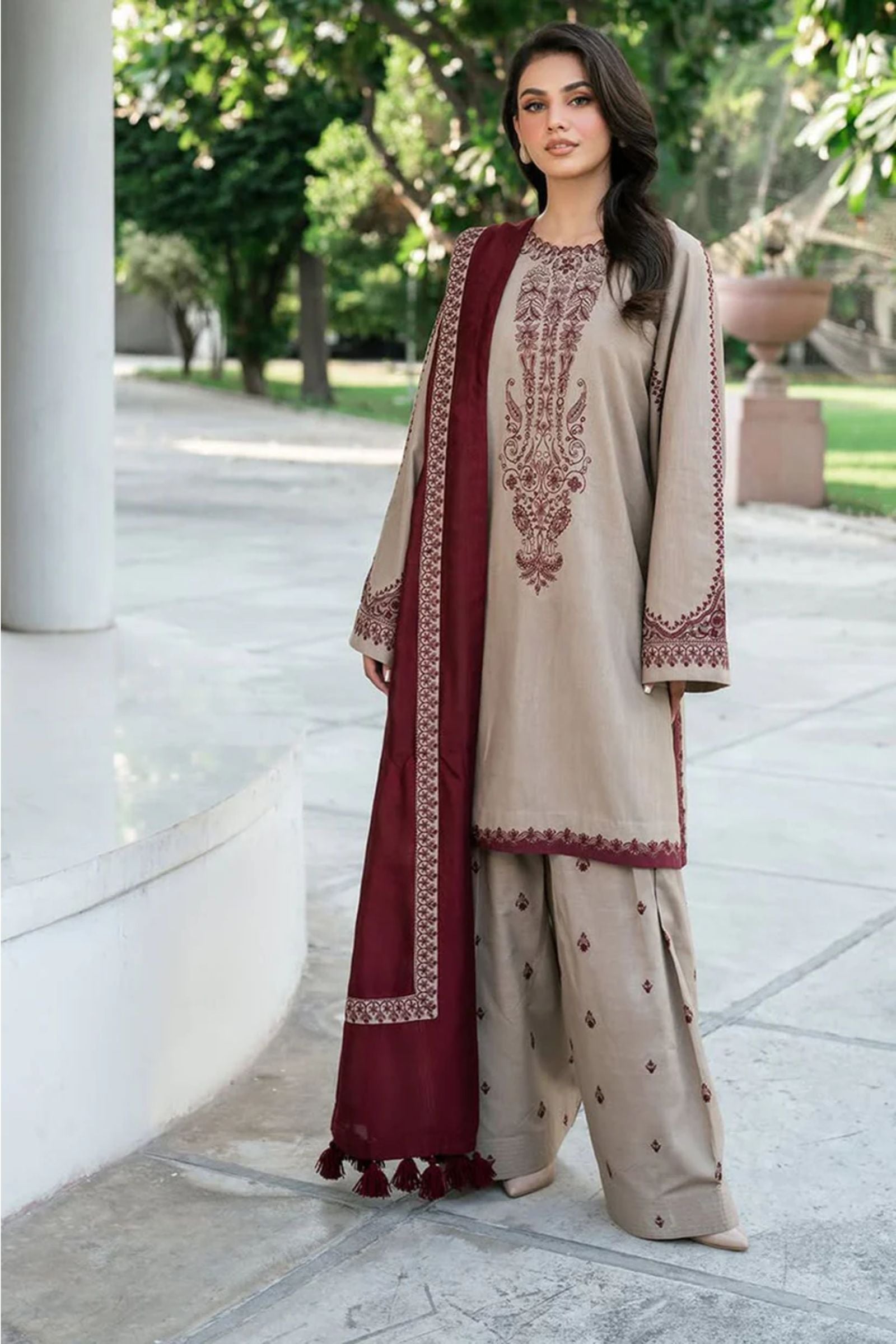 BAREEZE - 3PC LAWN EMB SHIRT WITH MONARK PRINTED DUPATTA AND DYED TROUSER - EL228