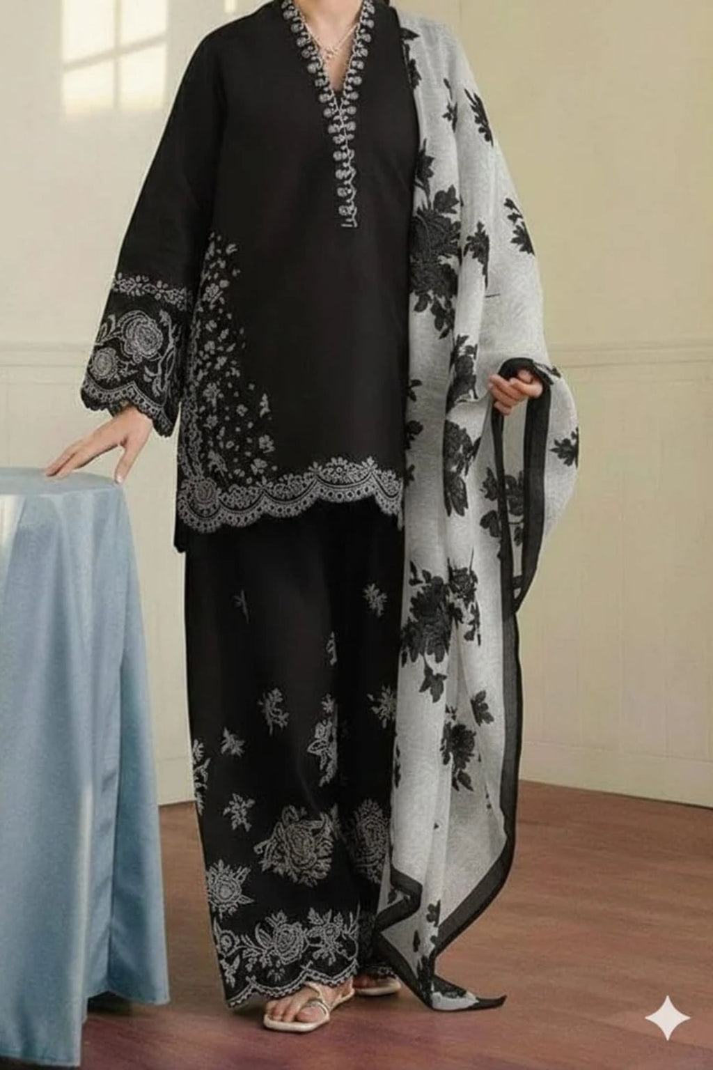 COCO - 3PC LAWN EMB SHIRT WITH MONARK PRINTED DUPATTA AND DYED TROUSER - EL310