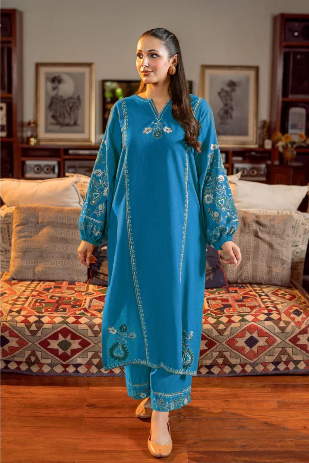 URGE - 2PC LAWN SEQUIN EMB SHIRT WITH LAWN EMB TROUSER - D 04
