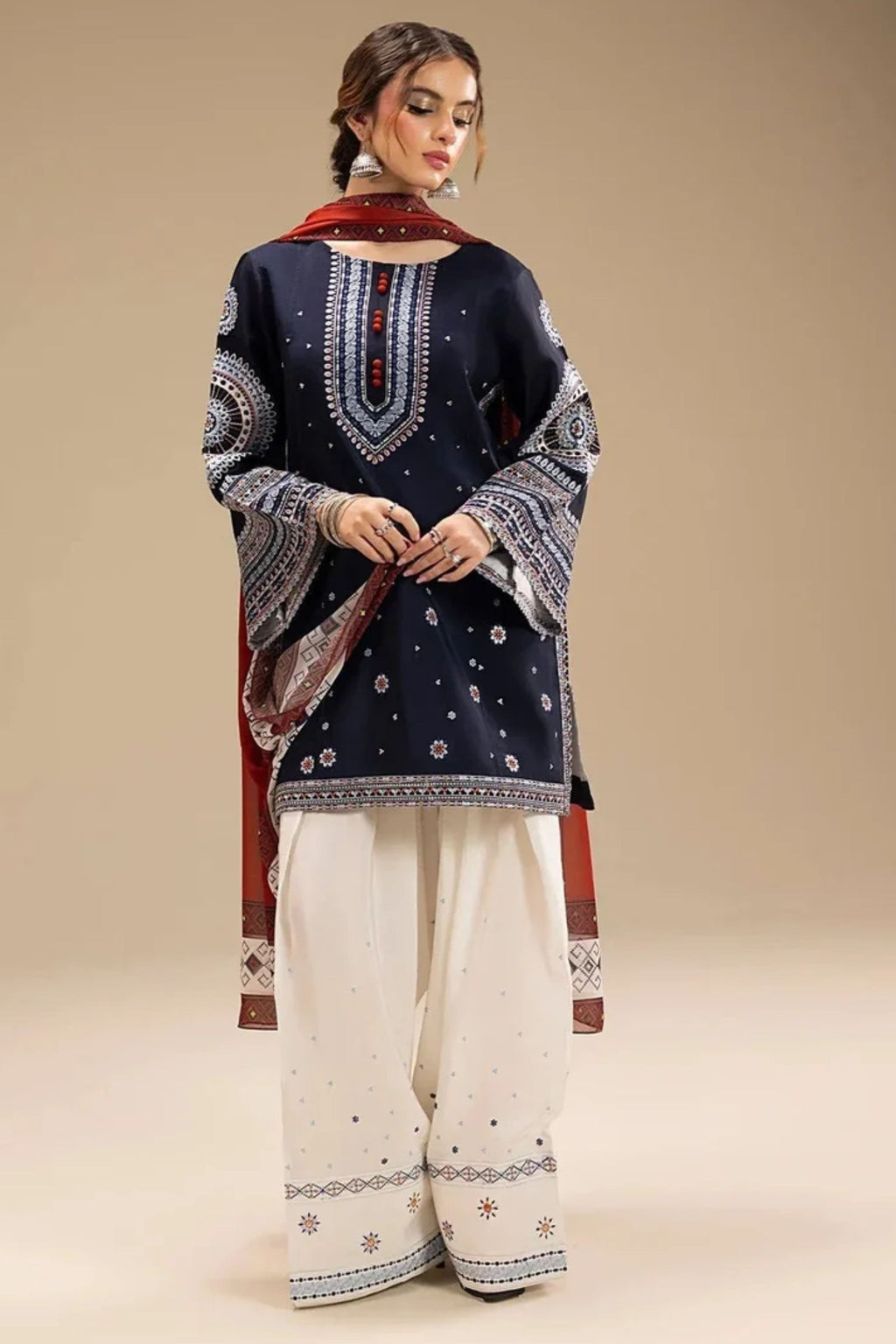 JAZMIN - 3PC LAWN EMB SHIRT WITH MONARK PRINTED DUPATTA AND DYED TROUSER - EL203