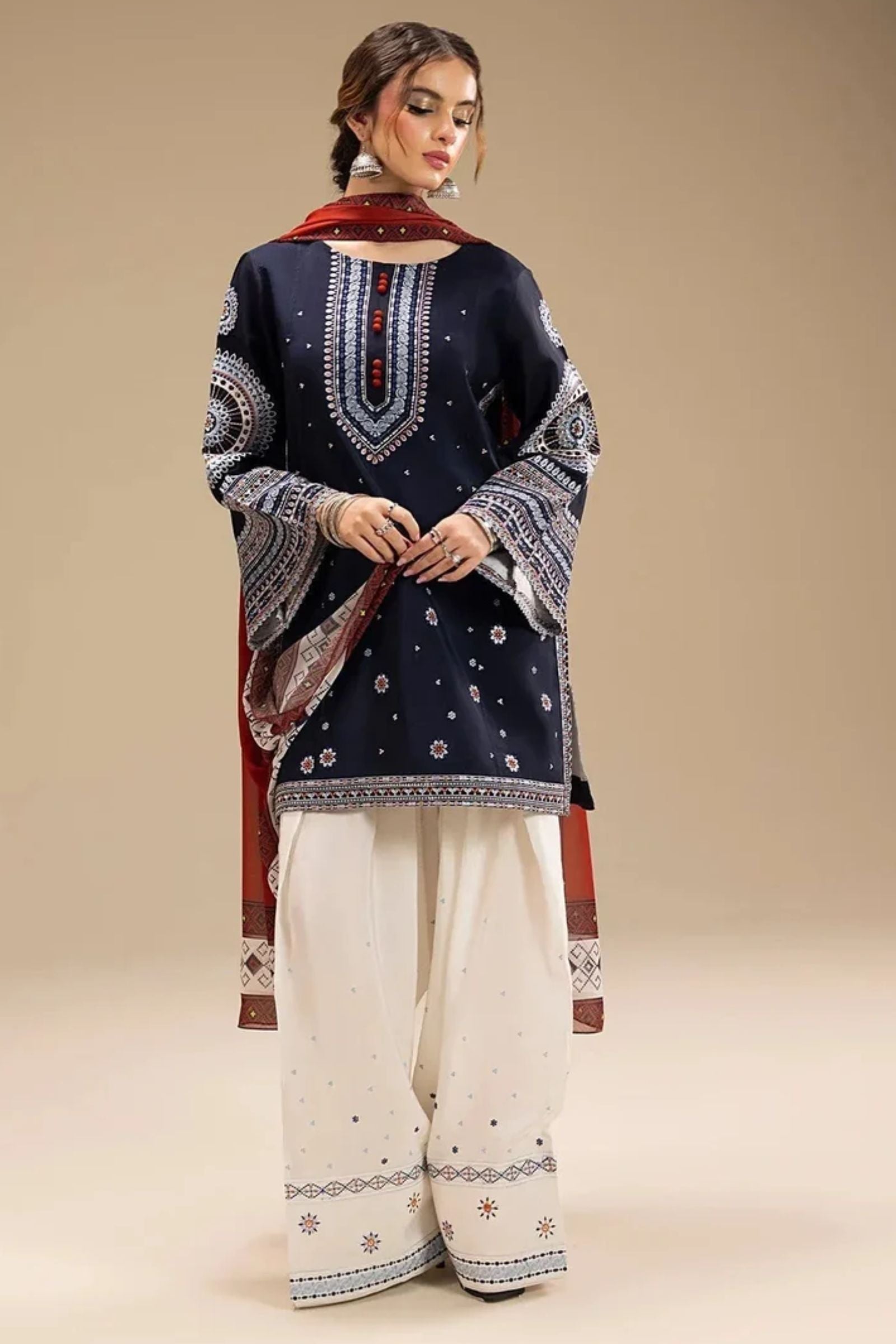 JAZMIN - 3PC LAWN EMB SHIRT WITH MONARK PRINTED DUPATTA AND DYED TROUSER - EL203