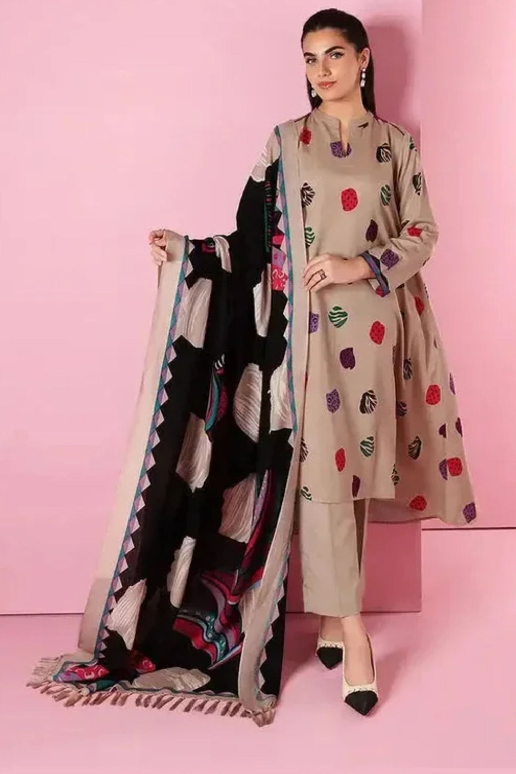 NISHAT- 3PC LAWN EMB SHIRT WITH MONARK PRINTED DUPATTA AND DYED TROUSER - EL149