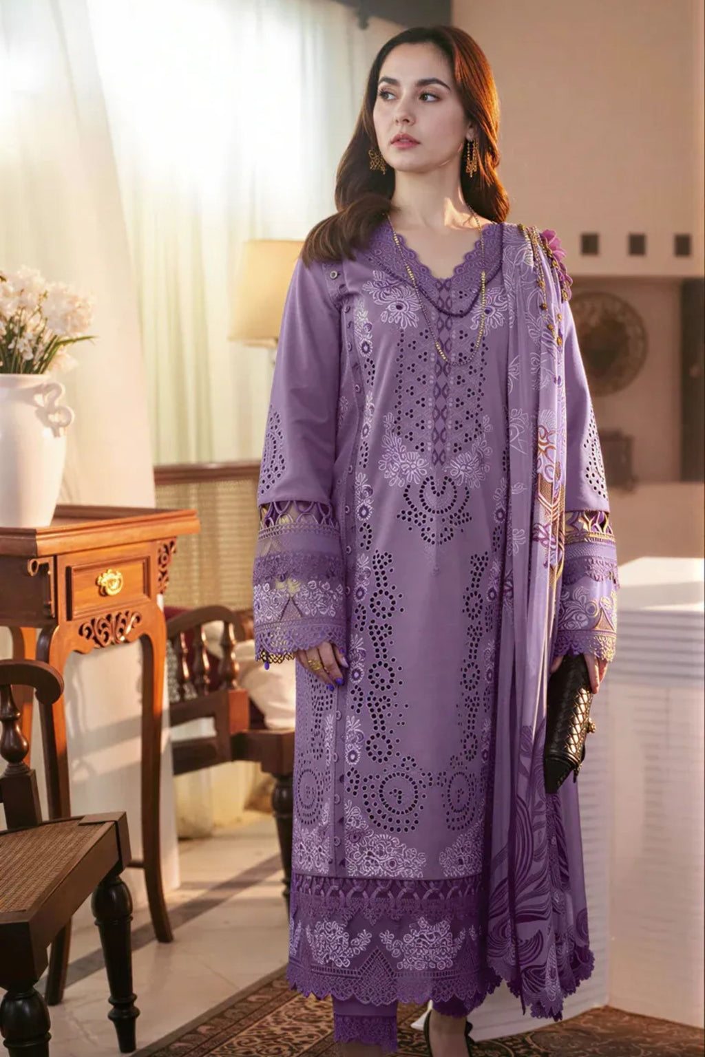 COCO - 3PC LAWN EMB SHIRT WITH MONARK PRINTED DUPATTA AND DYED TROUSER - EL1018