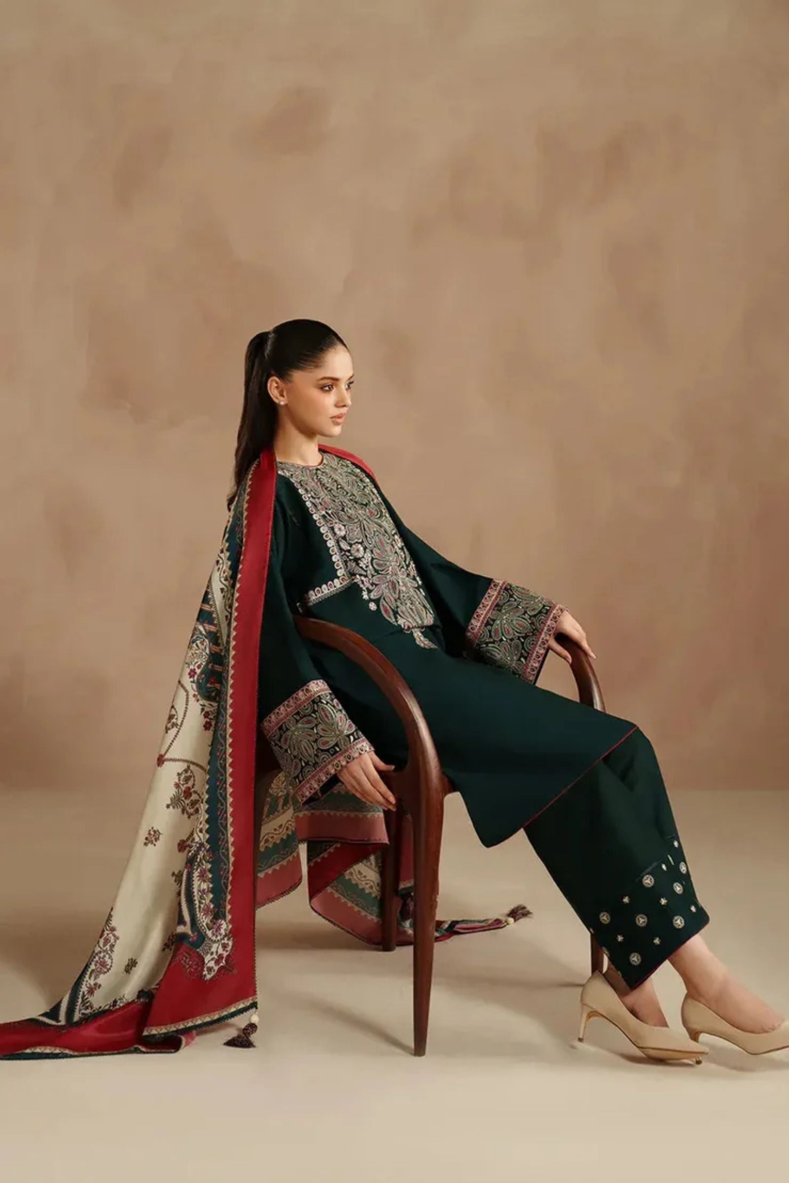 JAZMIN - 3PC LAWN EMB SHIRT WITH MONARK PRINTED DUPATTA AND DYED TROUSER - EL336