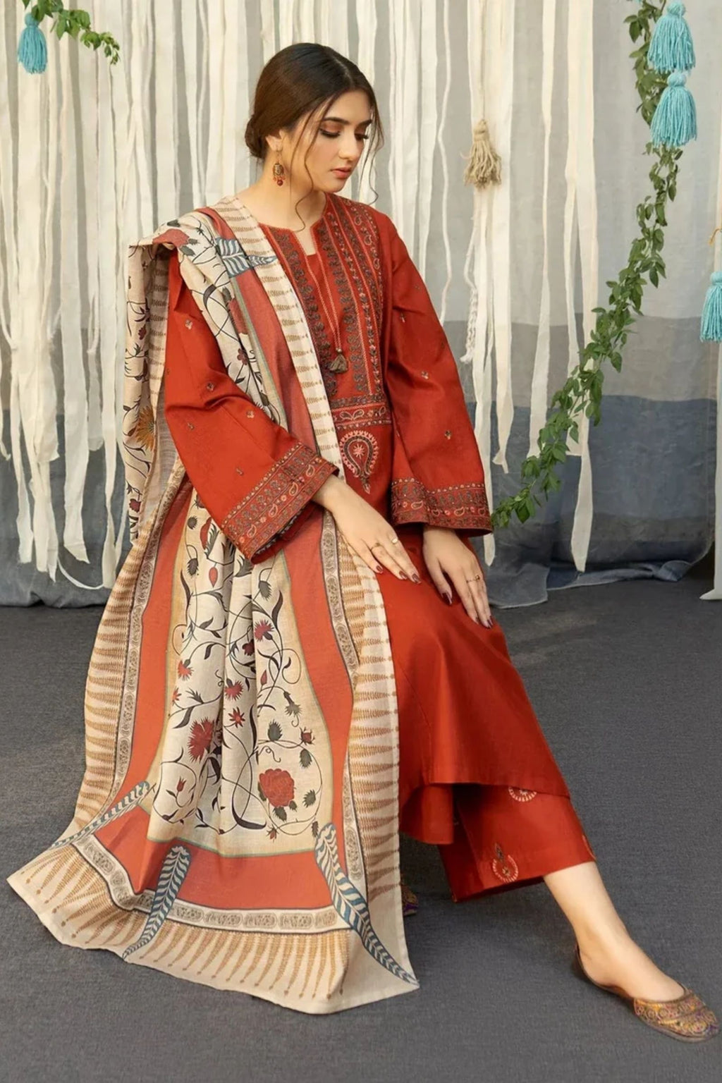 URGE - 3PC LAWN EMB SHIRT WITH MONARK PRINTED DUPATTA AND DYED TROUSER - EL158