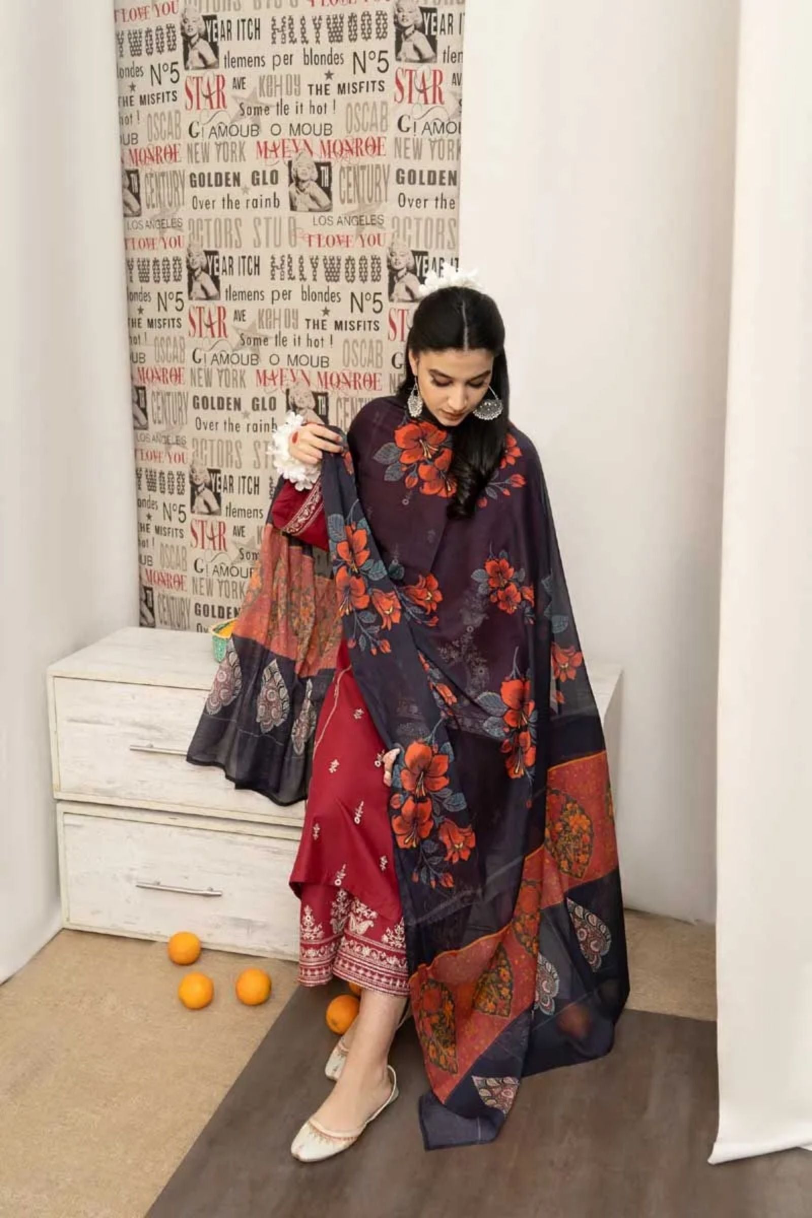 URGE - 3PC LAWN EMB SHIRT WITH MONARK PRINTED DUPATTA AND DYED TROUSER - EL137 RD