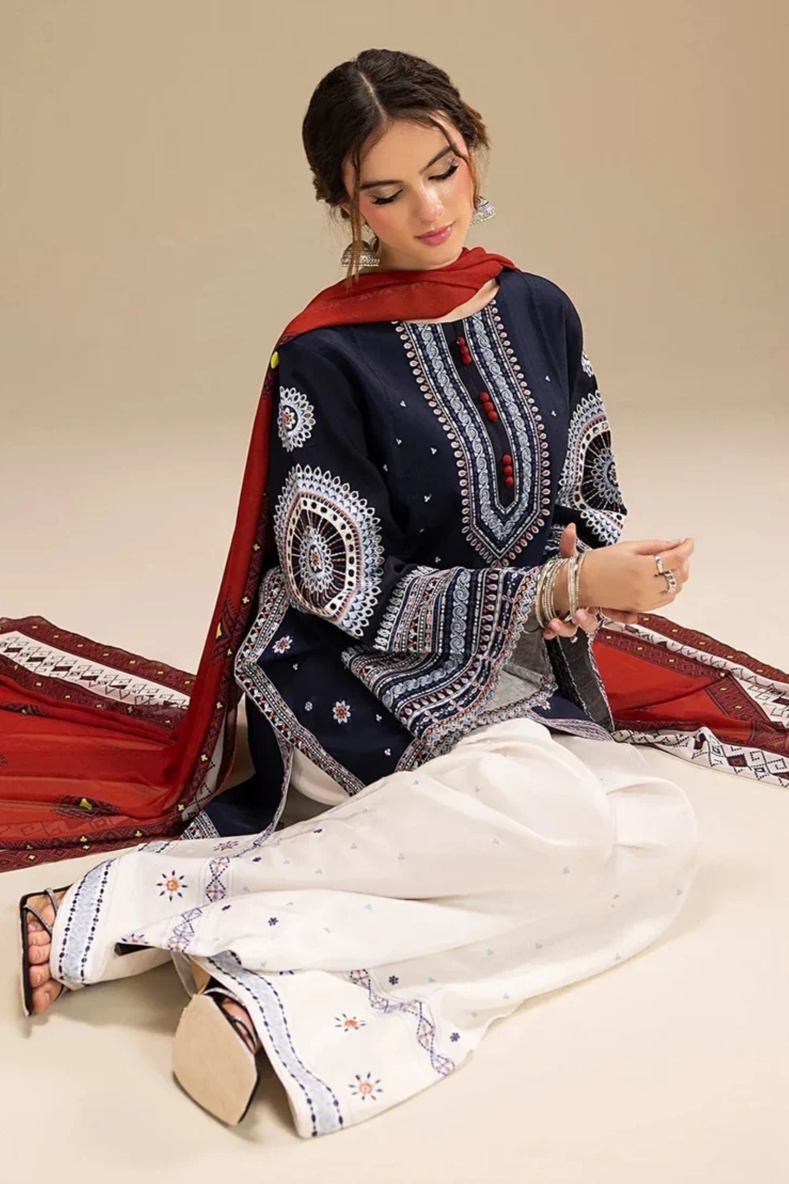 JAZMIN - 3PC LAWN EMB SHIRT WITH MONARK PRINTED DUPATTA AND DYED TROUSER - EL203