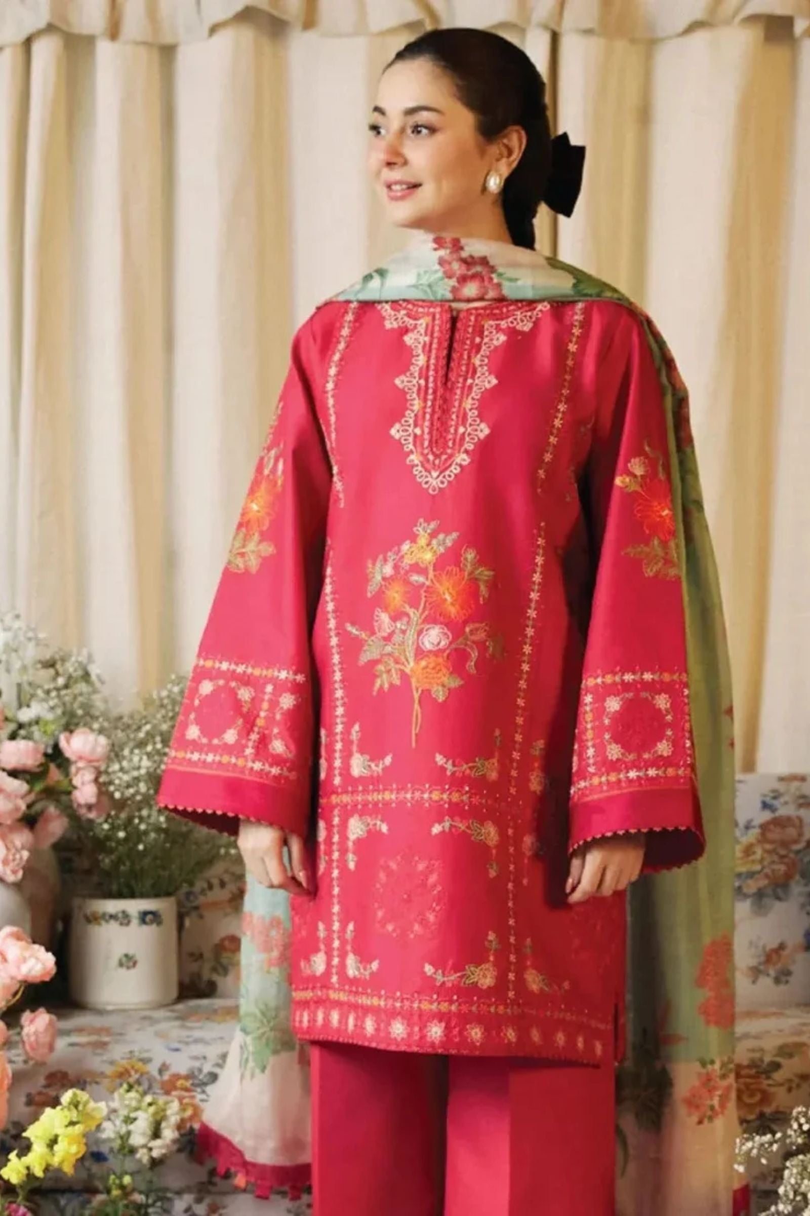 COCO - 3PC LAWN EMB SHIRT WITH MONARK PRINTED DUPATTA AND DYED TROUSER - EL1012