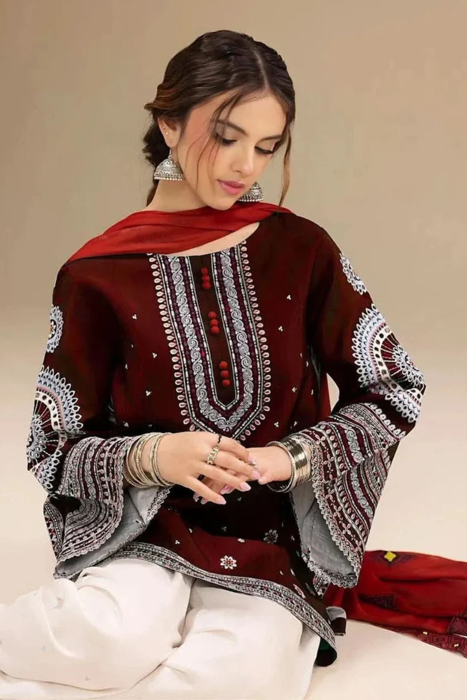 JAZMIN - 3PC LAWN EMB SHIRT WITH MONARK PRINTED DUPATTA AND DYED TROUSER - EL203