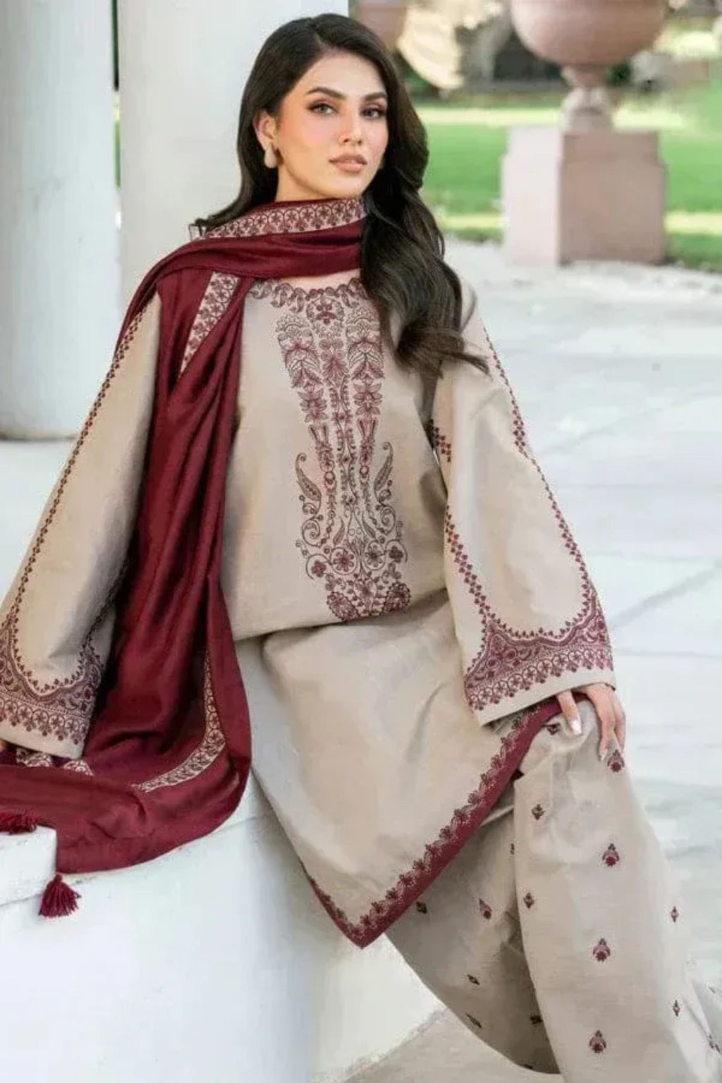 BAREEZE - 3PC LAWN EMB SHIRT WITH MONARK PRINTED DUPATTA AND DYED TROUSER - EL228