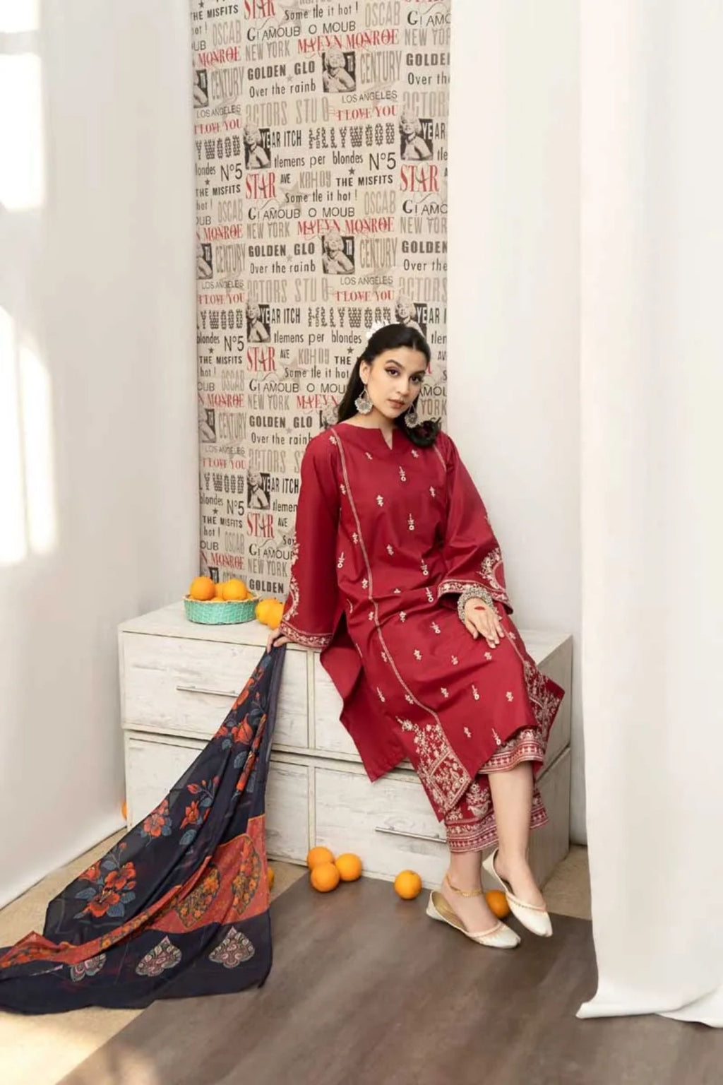 URGE - 3PC LAWN EMB SHIRT WITH MONARK PRINTED DUPATTA AND DYED TROUSER - EL137 RD