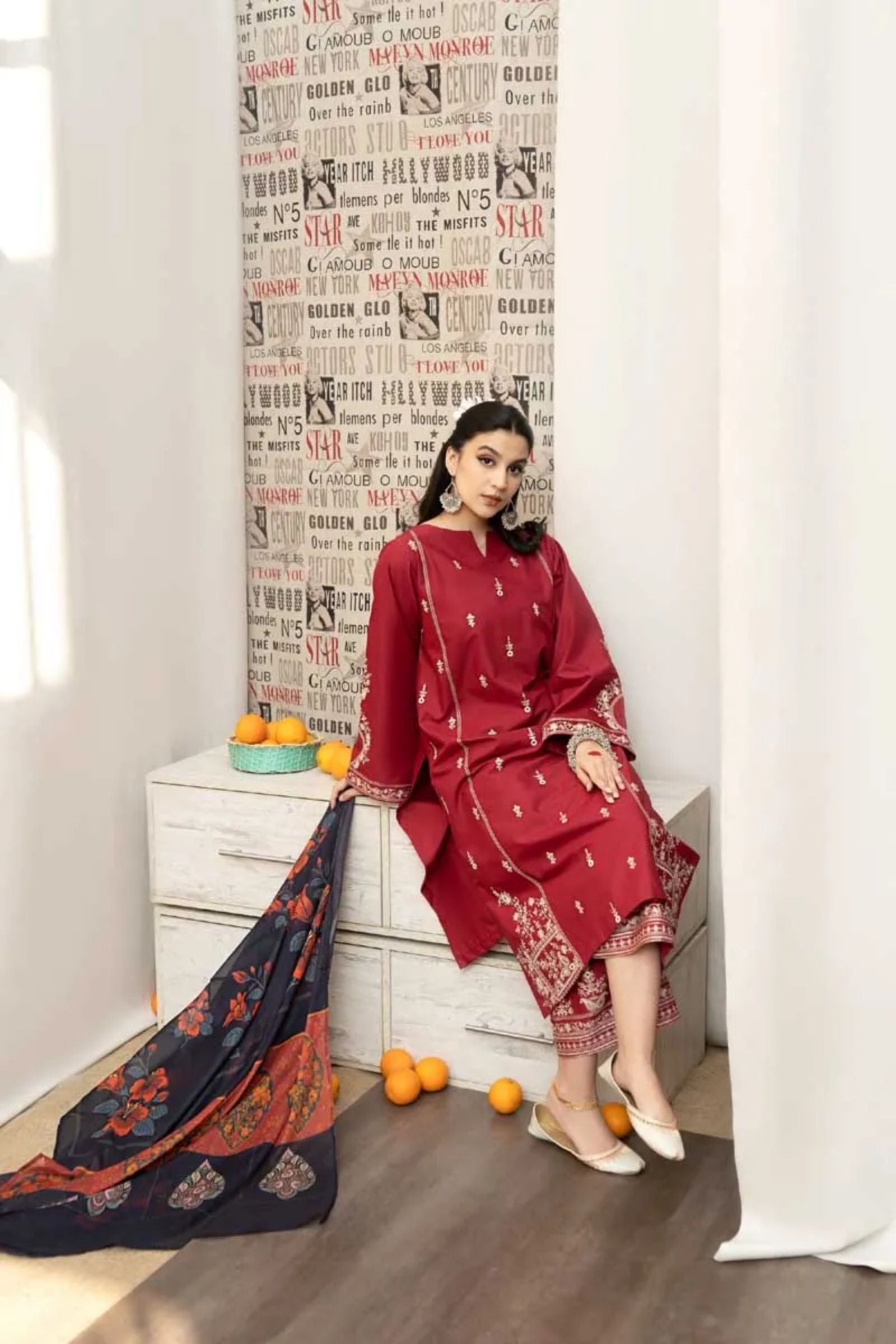 URGE - 3PC LAWN EMB SHIRT WITH MONARK PRINTED DUPATTA AND DYED TROUSER - EL137 RD