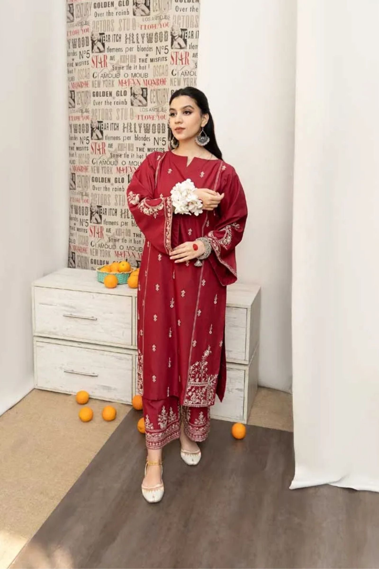 URGE - 3PC LAWN EMB SHIRT WITH MONARK PRINTED DUPATTA AND DYED TROUSER - EL137 RD