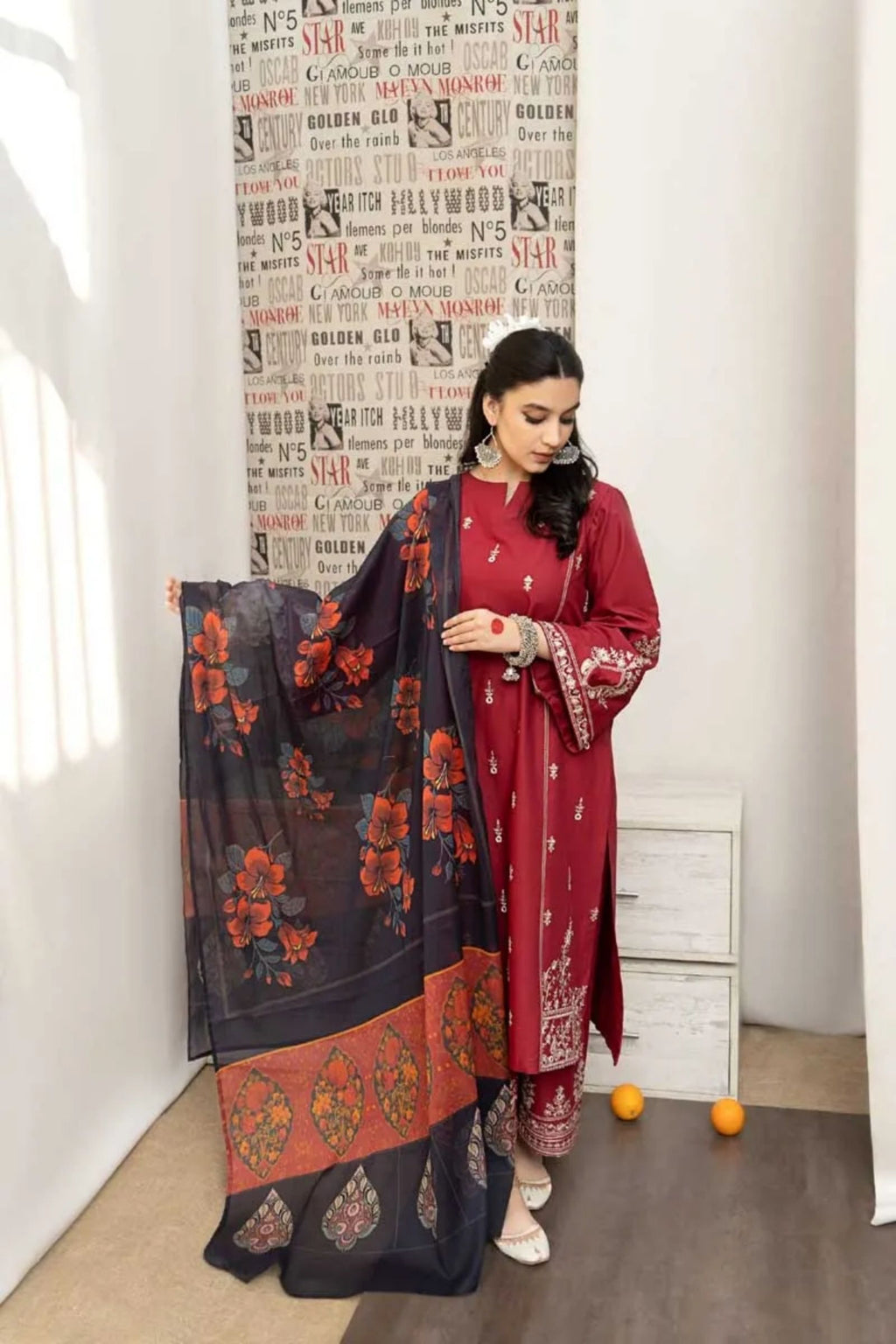 URGE - 3PC LAWN EMB SHIRT WITH MONARK PRINTED DUPATTA AND DYED TROUSER - EL137 RD