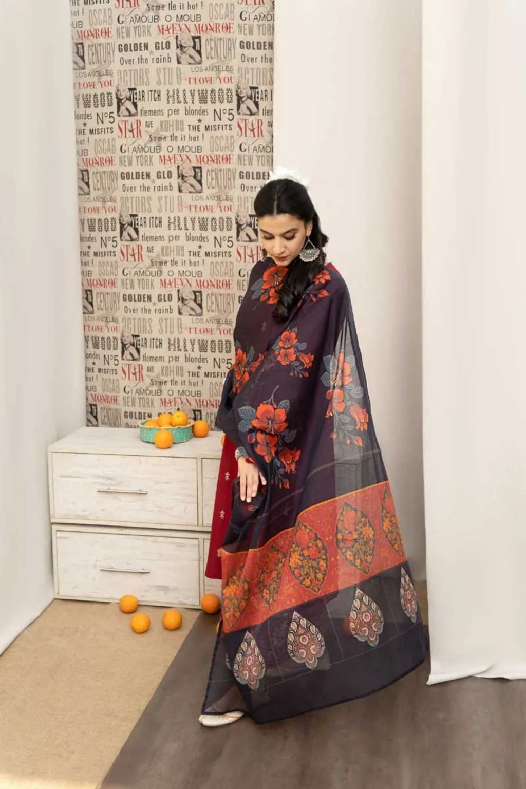 URGE - 3PC LAWN EMB SHIRT WITH MONARK PRINTED DUPATTA AND DYED TROUSER - EL137 RD