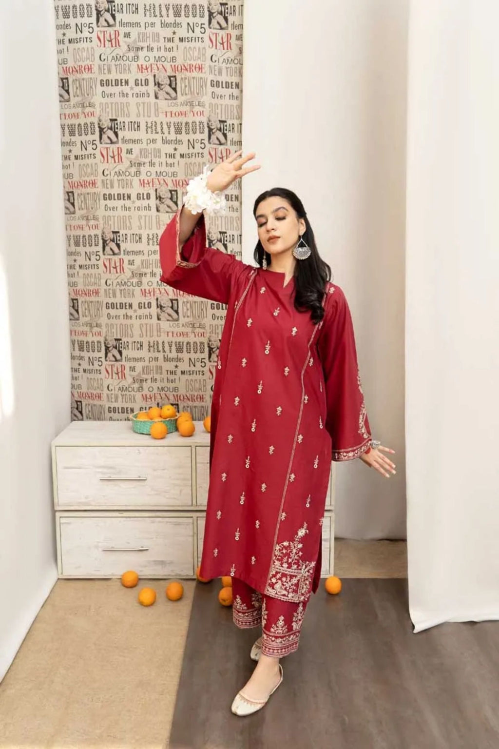 URGE - 3PC LAWN EMB SHIRT WITH MONARK PRINTED DUPATTA AND DYED TROUSER - EL137 RD