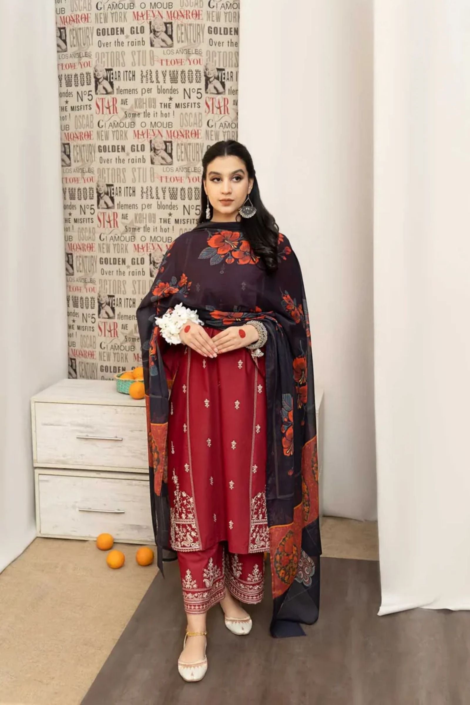 URGE - 3PC LAWN EMB SHIRT WITH MONARK PRINTED DUPATTA AND DYED TROUSER - EL137 RD