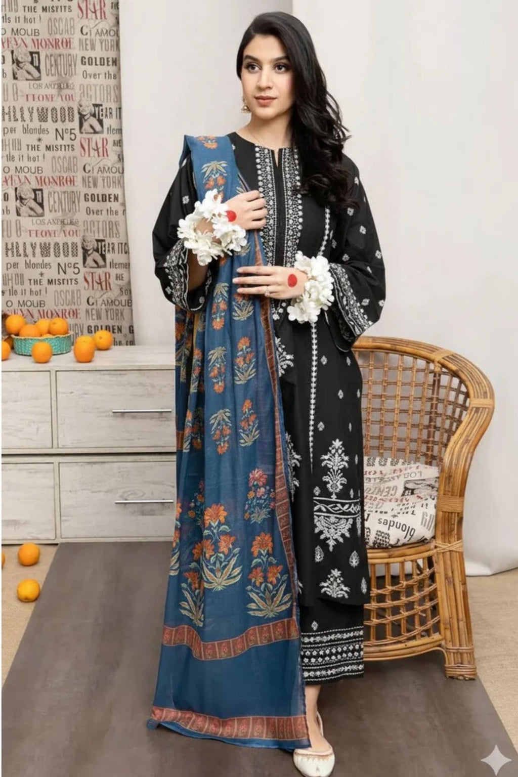 URGE - 3PC LAWN EMB SHIRT WITH MONARK PRINTED DUPATTA AND DYED TROUSER - EL120 BU