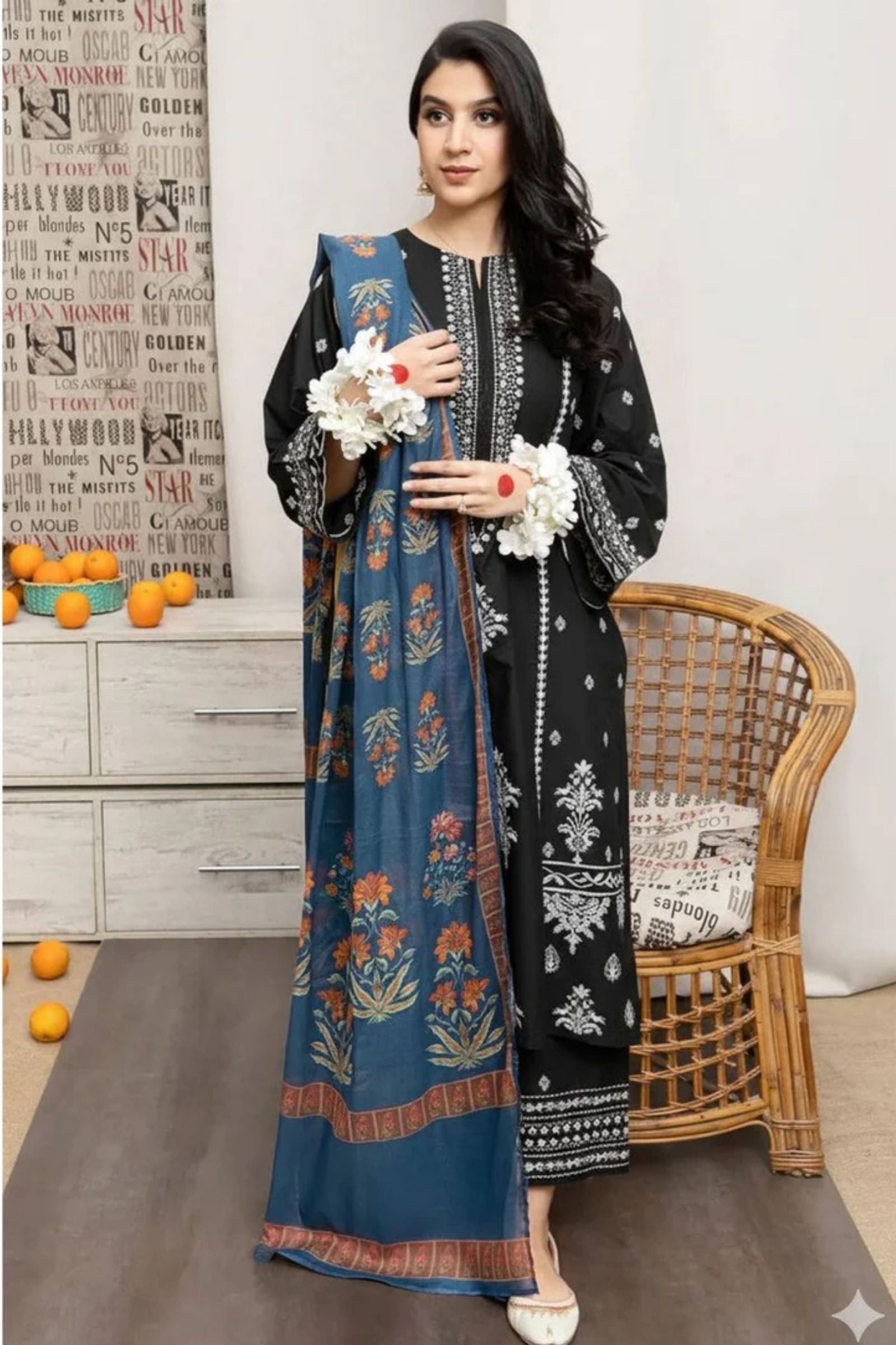 URGE - 3PC LAWN EMB SHIRT WITH MONARK PRINTED DUPATTA AND DYED TROUSER - EL120 BU